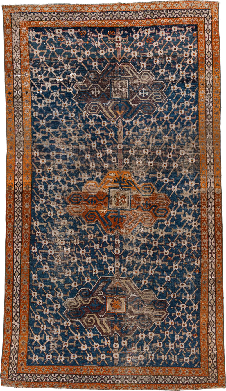 6' x 11' one-of-a-kind handmade vintage Caucasian large size rug. Color palette: blue, rust, ivory, brown, taupe, charcoal