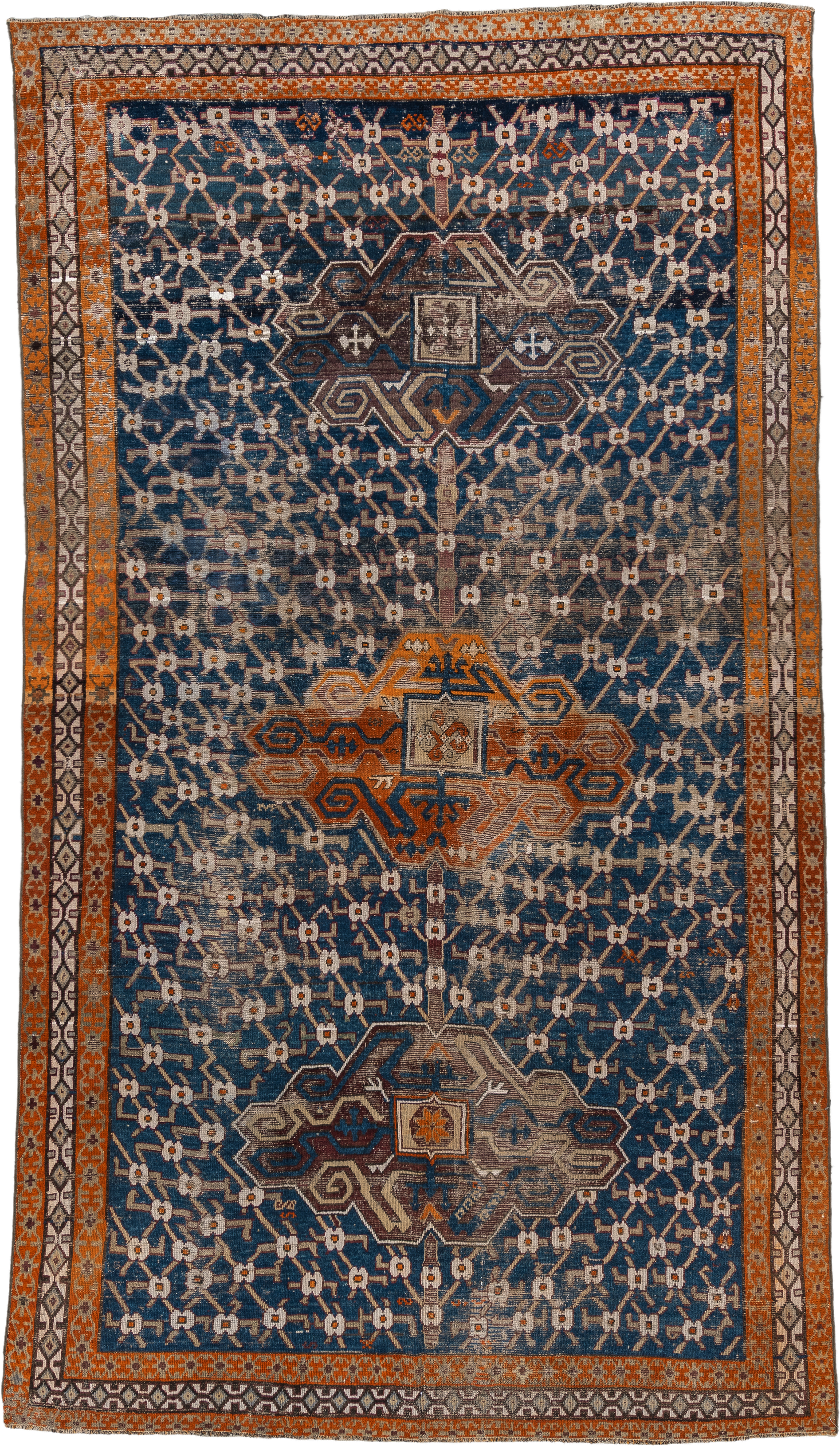6' x 11' one-of-a-kind handmade vintage Caucasian large size rug. Color palette: blue, rust, ivory, brown, taupe, charcoal