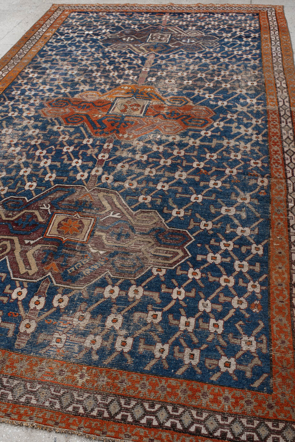 6' x 11' one-of-a-kind handmade vintage Caucasian large size rug. Color palette: blue, rust, ivory, brown, taupe, charcoal