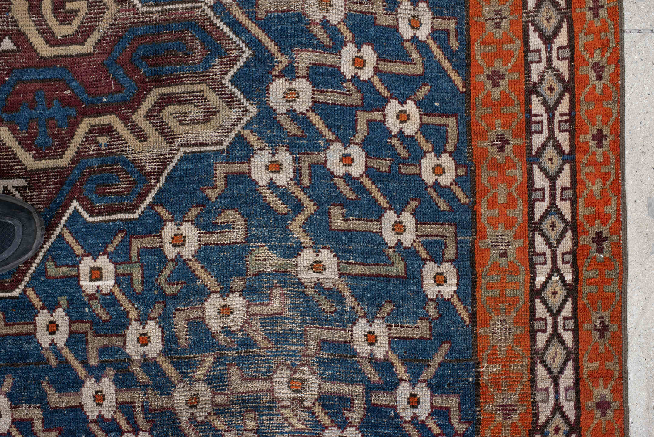 6' x 11' one-of-a-kind handmade vintage Caucasian large size rug. Color palette: blue, rust, ivory, brown, taupe, charcoal