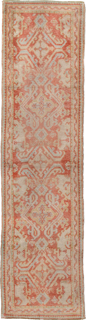3' x 12' one-of-a-kind handmade vintage Oushak runner rug. Color palette: brown, gray, light gray, off-white, orange, pink