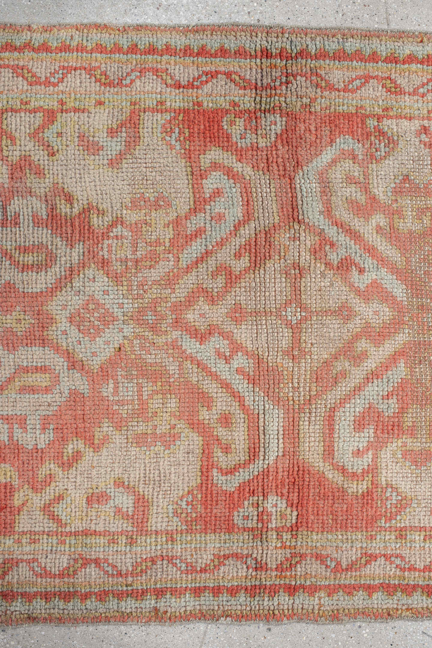 3' x 12' one-of-a-kind handmade vintage Oushak runner rug. Color palette: ivory, coral, peach, salmon, beige, taupe