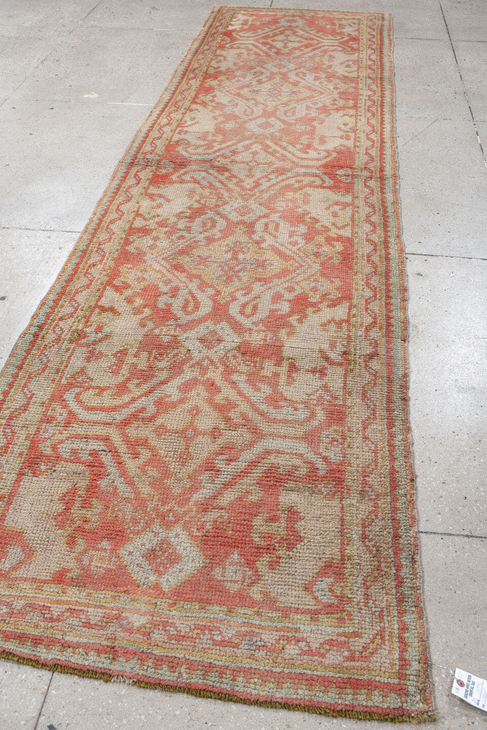 3' x 12' one-of-a-kind handmade vintage Oushak runner rug. Color palette: ivory, coral, peach, salmon, beige, taupe