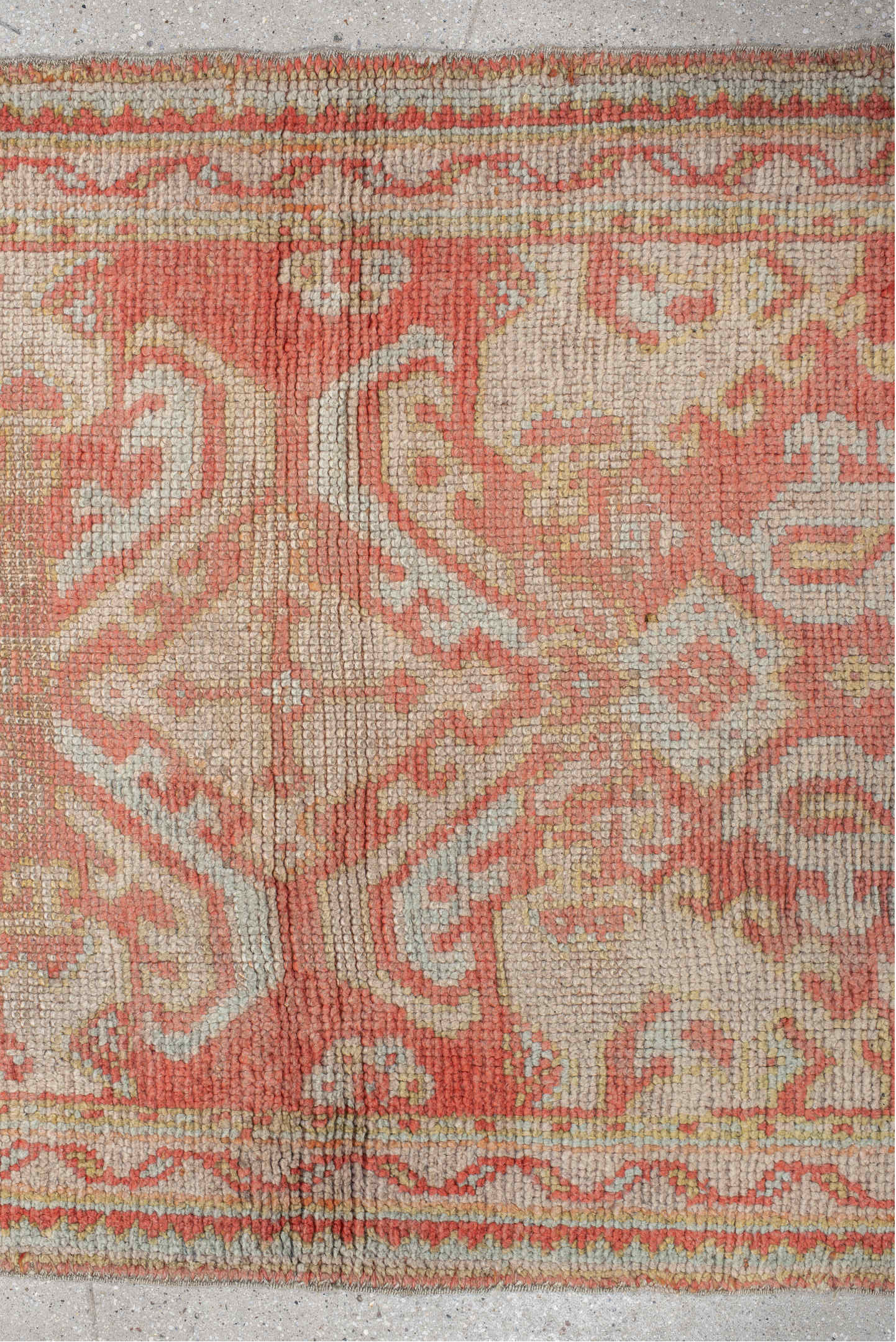 3' x 12' one-of-a-kind handmade vintage Oushak runner rug. Color palette: brown, gray, light gray, off-white, orange, pink