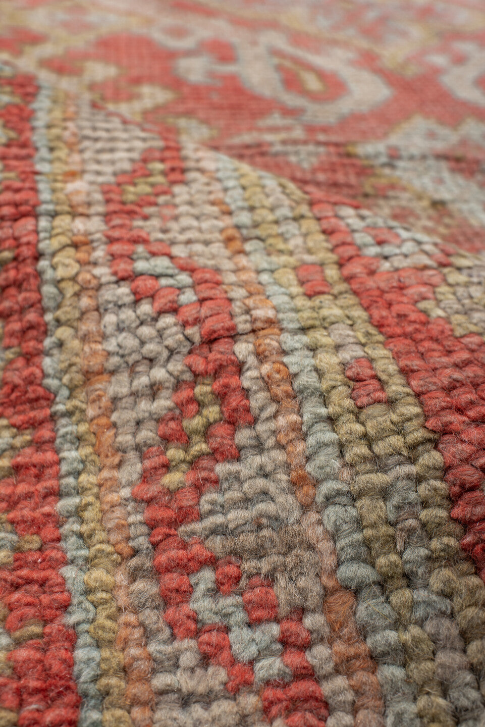 3' x 12' one-of-a-kind handmade vintage Oushak runner rug. Color palette: brown, gray, light gray, off-white, orange, pink