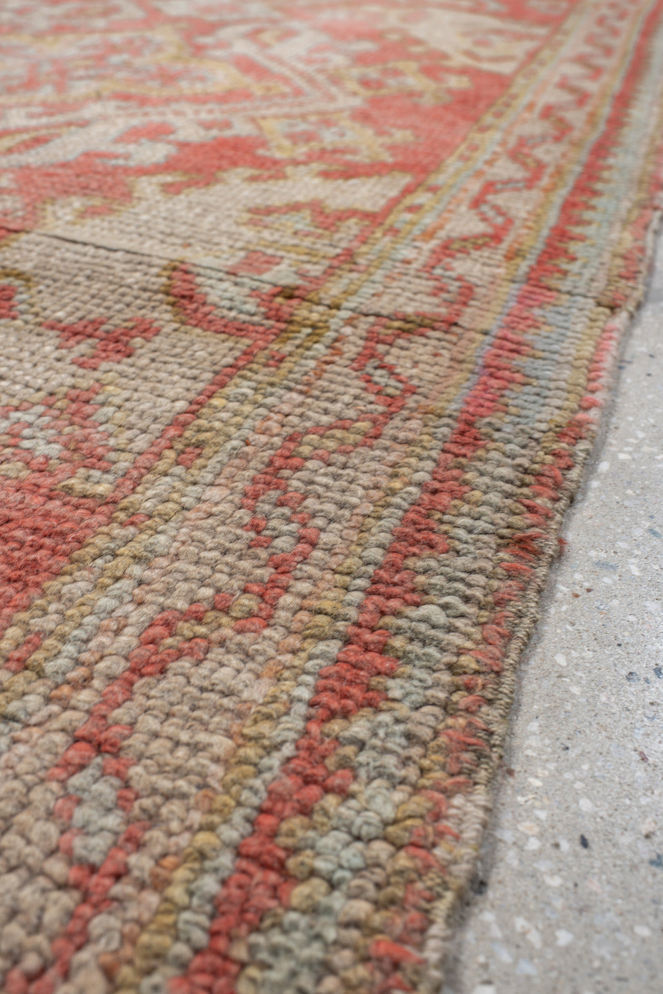 3' x 12' one-of-a-kind handmade vintage Oushak runner rug. Color palette: brown, gray, light gray, off-white, orange, pink