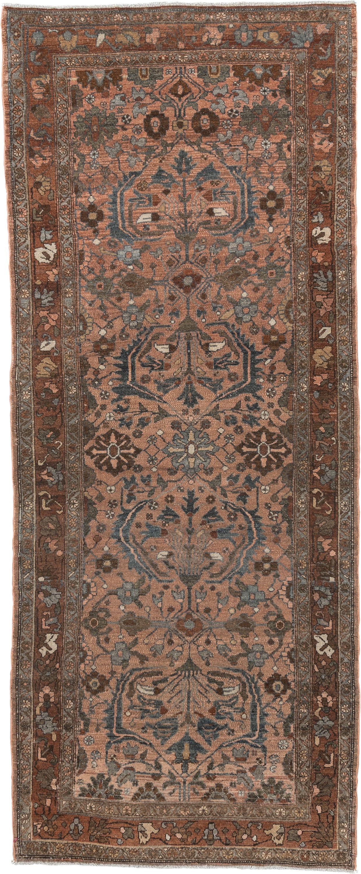 3' x 9' one-of-a-kind handmade vintage Lilian runner rug. Color palette: terra cotta, rust, slate, taupe, brown, ivory