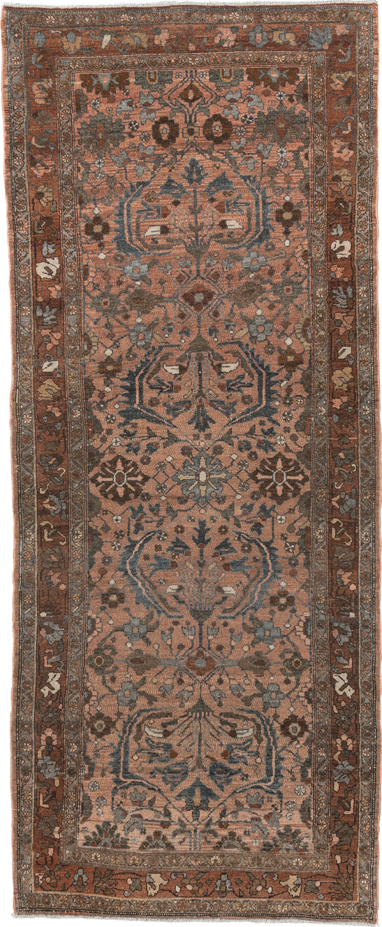 3' x 9' one-of-a-kind handmade vintage Lilian runner rug. Color palette: black, brown, charcoal, gray, light gray, off-white