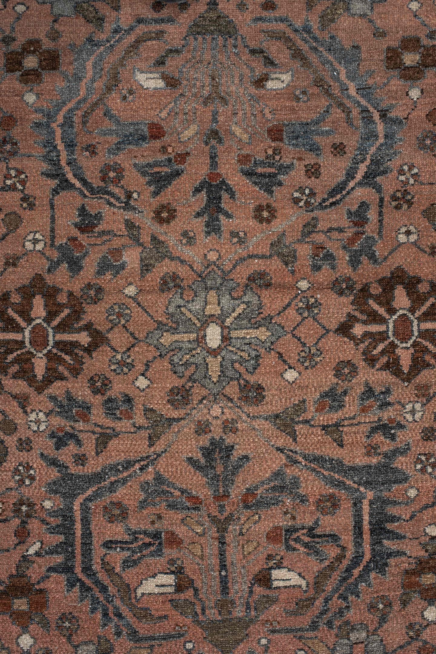 3' x 9' one-of-a-kind handmade vintage Lilian runner rug. Color palette: terra cotta, rust, slate, taupe, brown, ivory