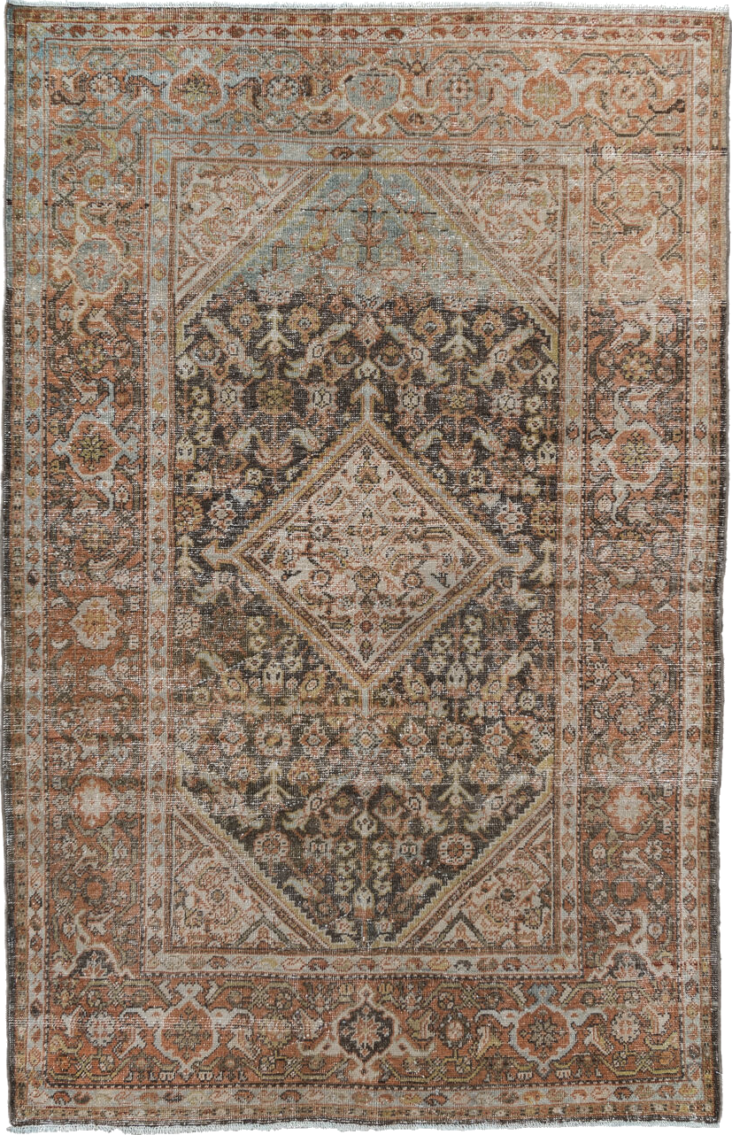 4' x 6' one-of-a-kind handmade vintage Mahal small size rug. Color palette: black, brown, gray, light gray, off-white, pink