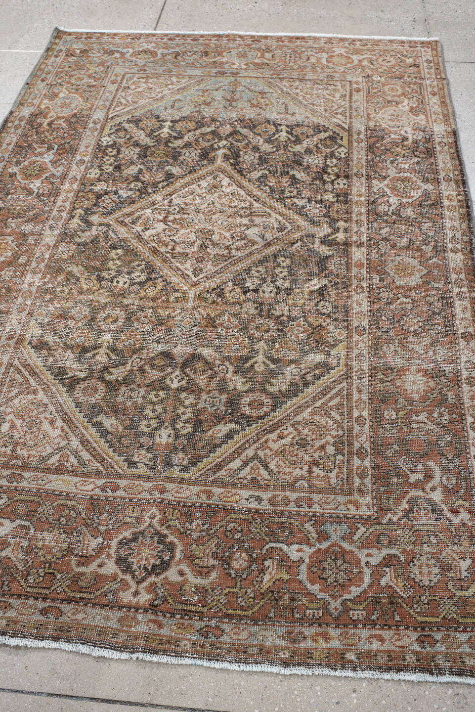 4' x 6' one-of-a-kind handmade vintage Mahal small size rug. Color palette: rust, ivory, charcoal, taupe, sage, camel, brown