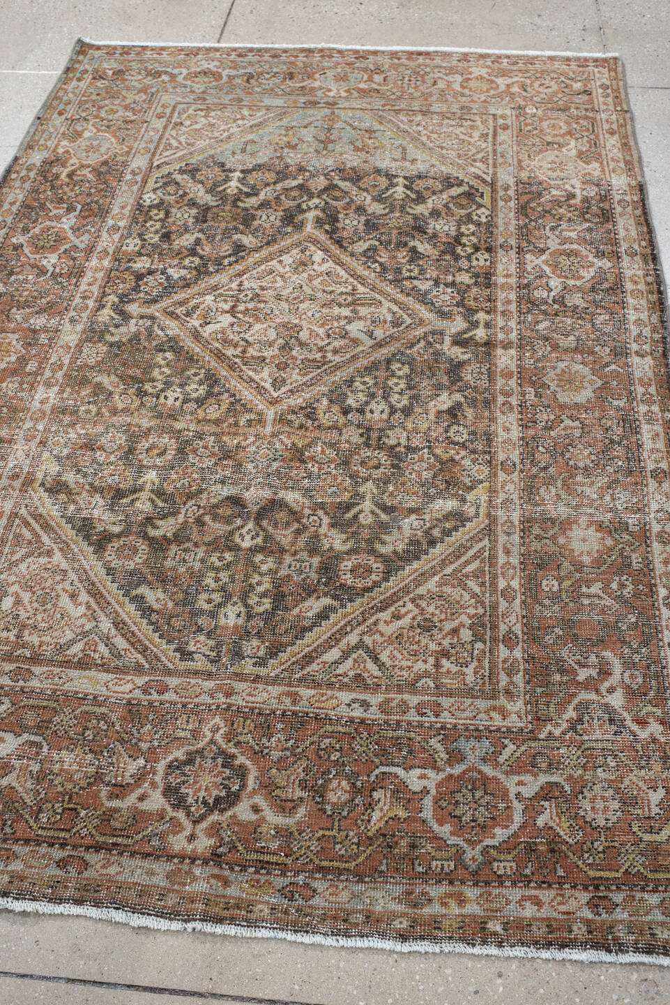 4' x 6' one-of-a-kind handmade vintage Mahal small size rug. Color palette: rust, ivory, charcoal, taupe, sage, camel, brown