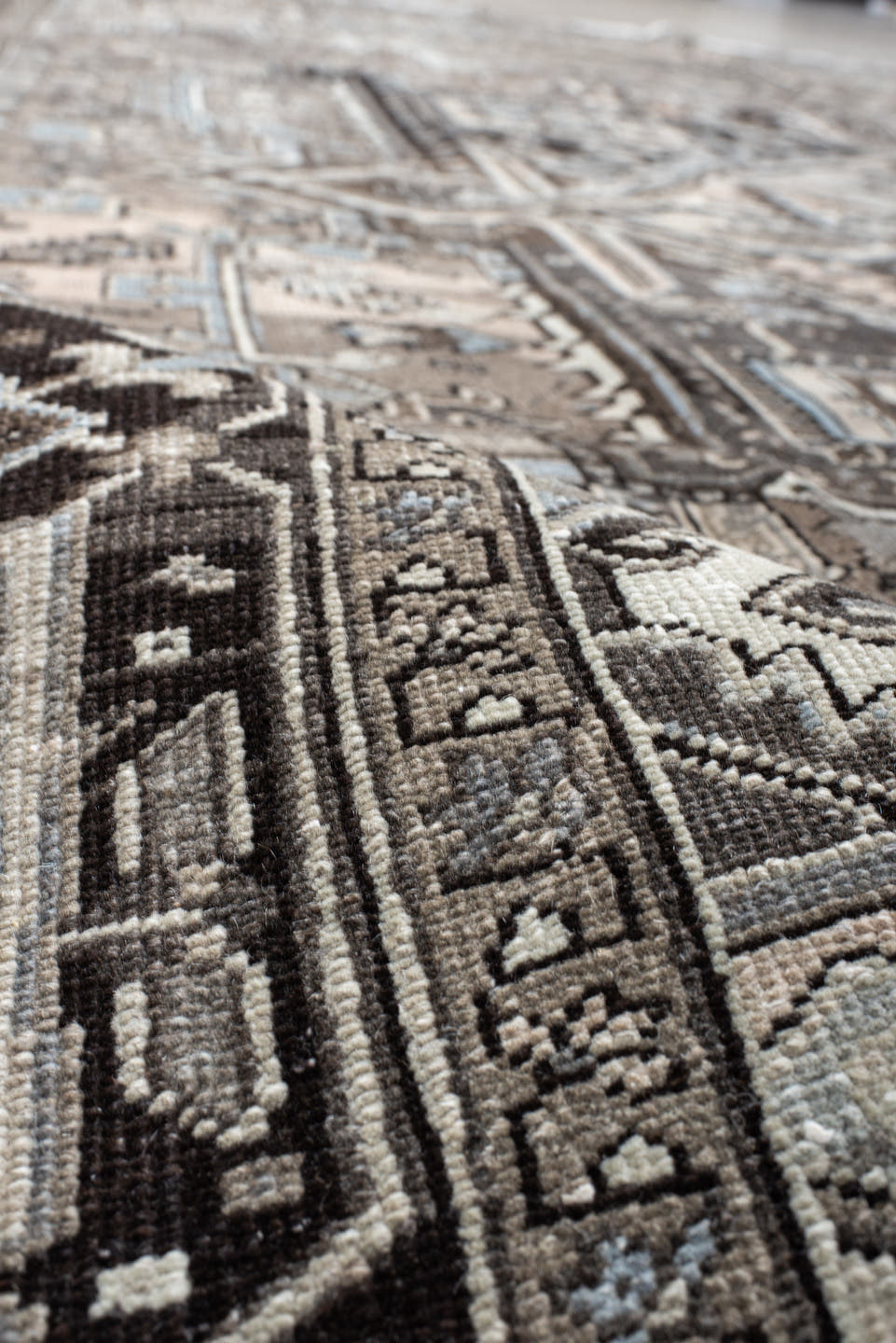9' x 12' one-of-a-kind handmade antique Heriz large size rug. Color palette: taupe, charcoal, ivory, pale blue, brown, slate