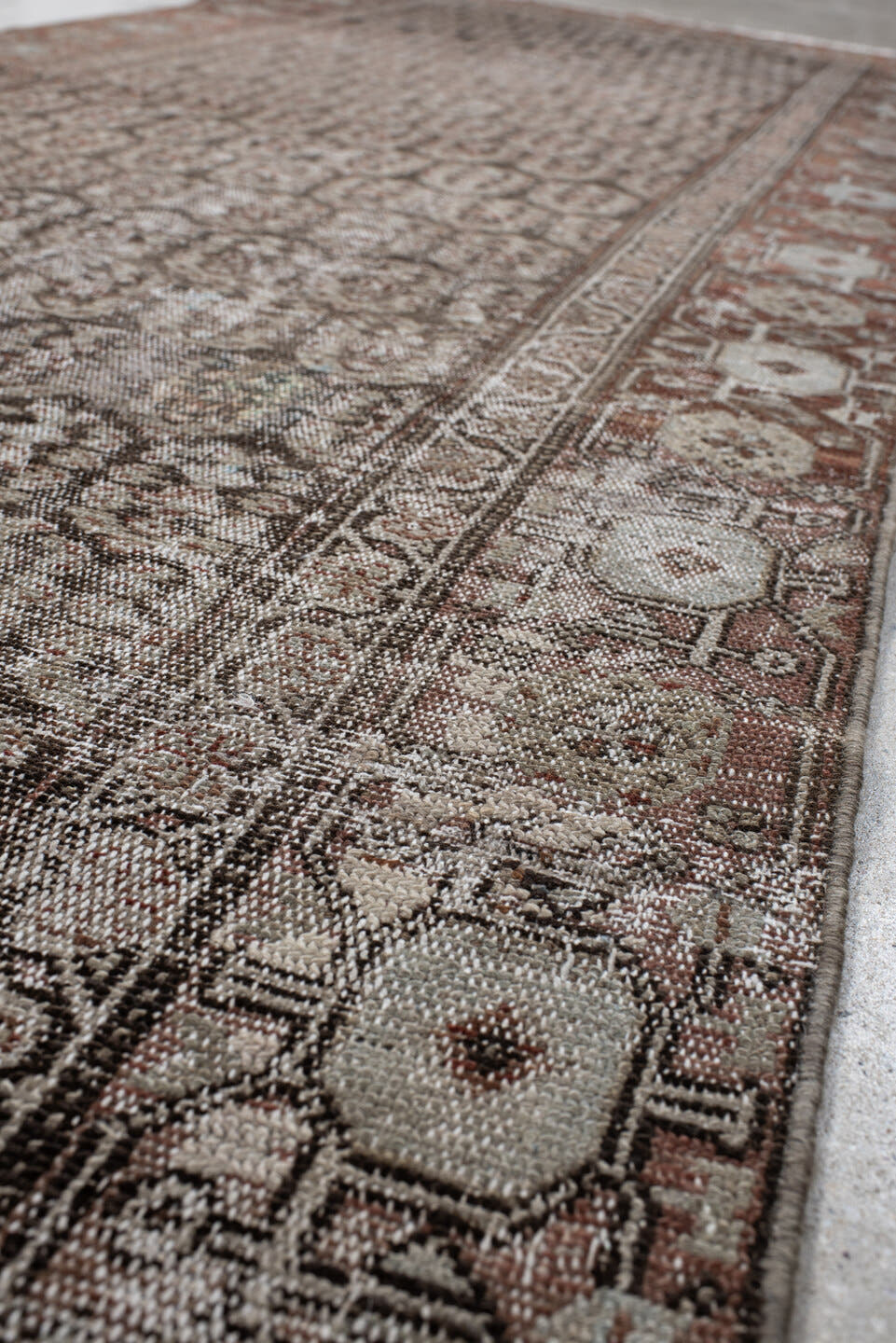 3' x 9' one-of-a-kind handmade vintage Malayer runner rug. Color palette: brown, taupe, rust, ivory, charcoal, camel, beige