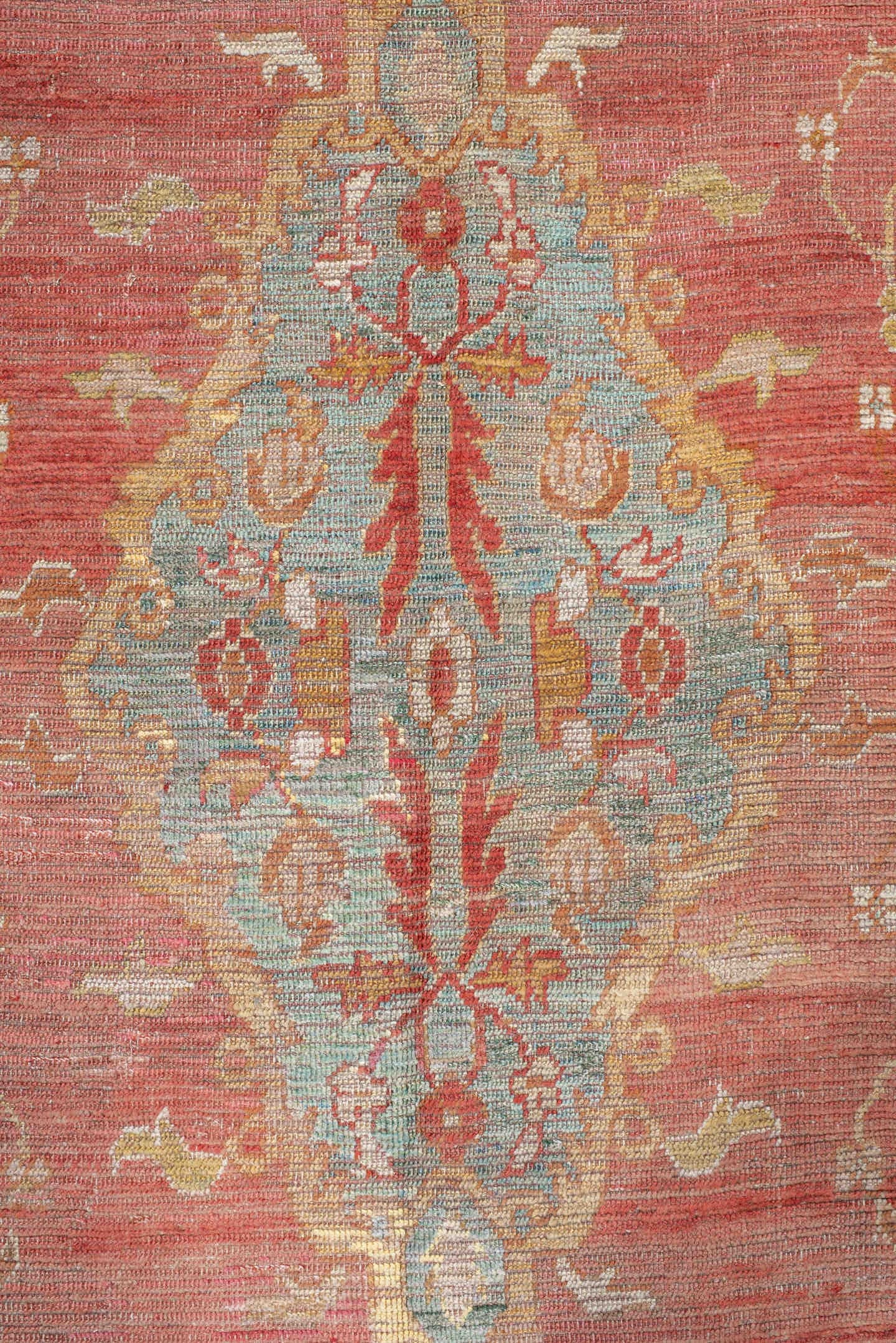 4' x 7' one-of-a-kind handmade vintage Oushak rug. Color palette: rose, aqua, ivory, peach, rust, gold, beige, pink, red