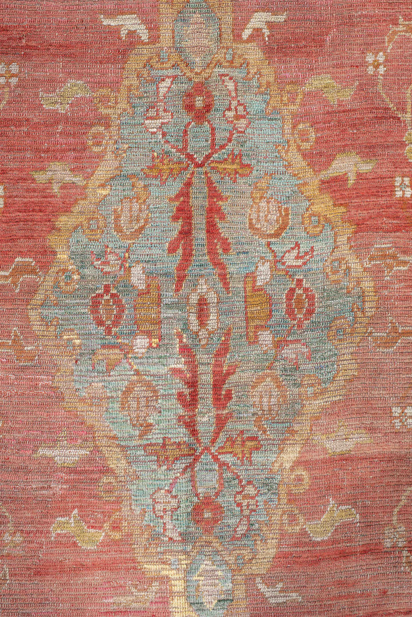 4' x 7' one-of-a-kind handmade vintage Oushak rug. Color palette: rose, aqua, ivory, peach, rust, gold, beige, pink, red