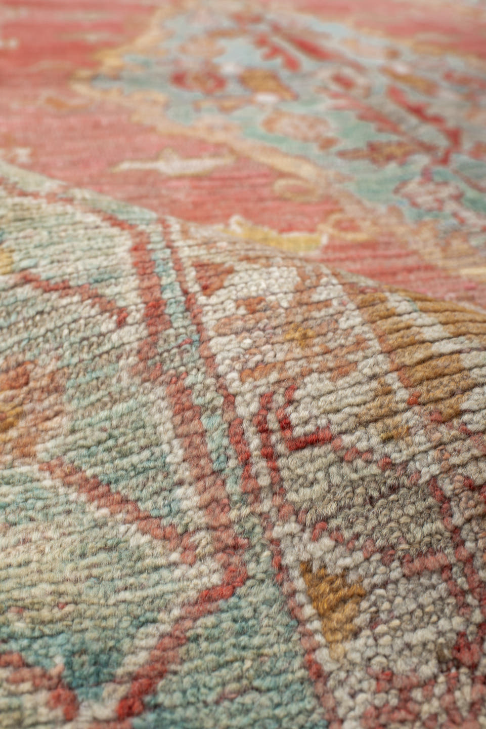 4' x 7' one-of-a-kind handmade vintage Oushak rug. Color palette: rose, aqua, ivory, peach, rust, gold, beige, pink, red