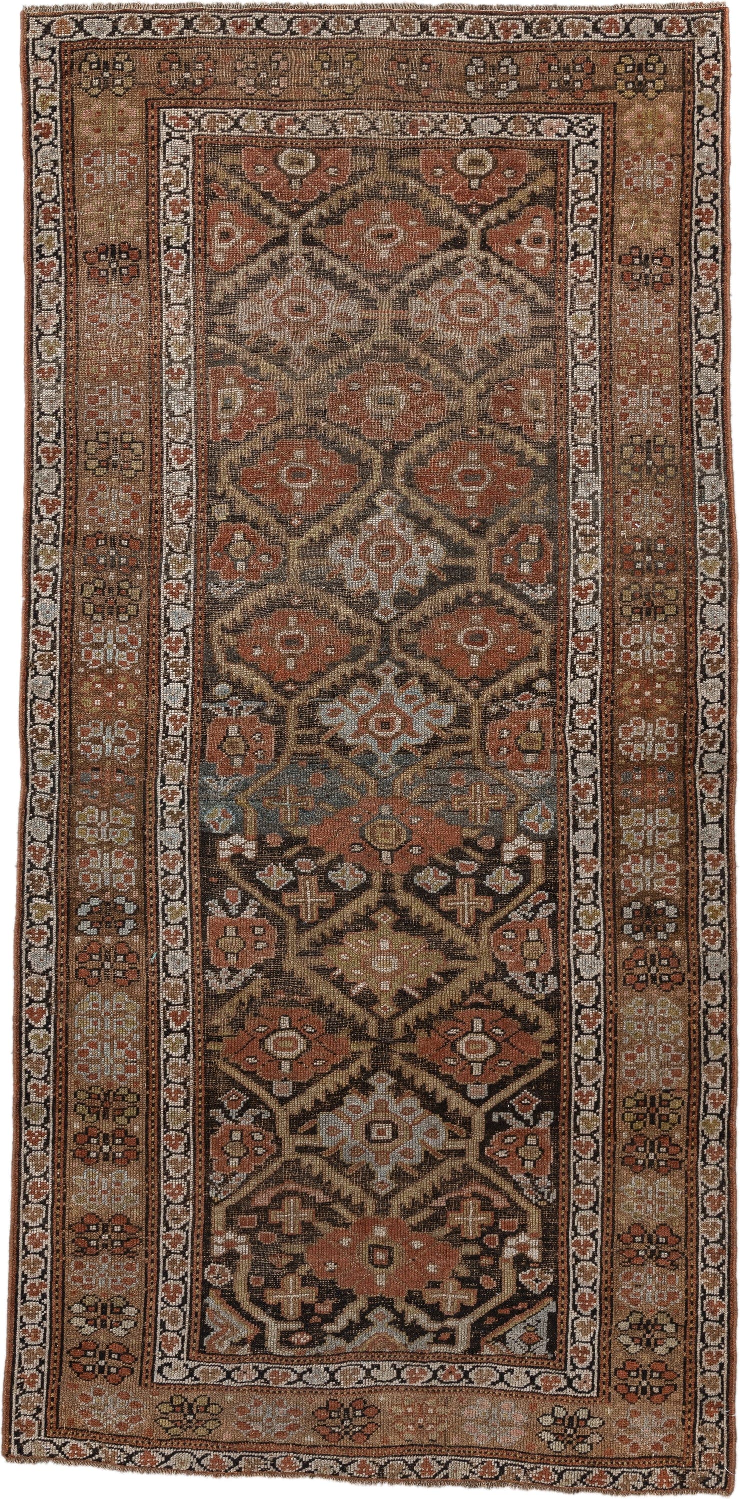 3' x 8' one-of-a-kind handmade vintage NW Persian runner rug. Color palette: brown, rust, ivory, taupe, charcoal, camel