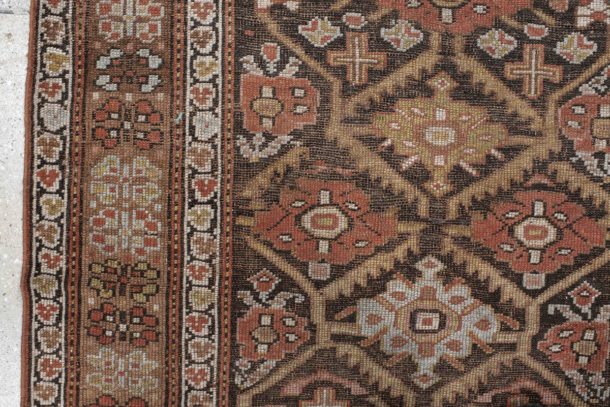 3' x 8' one-of-a-kind handmade vintage NW Persian runner rug. Color palette: brown, rust, ivory, taupe, charcoal, camel