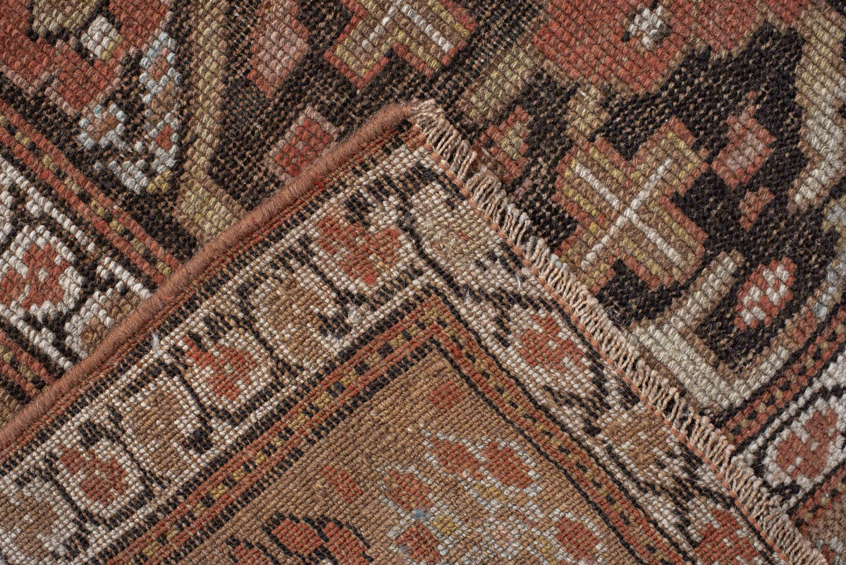 3' x 8' one-of-a-kind handmade vintage NW Persian runner rug. Color palette: brown, rust, ivory, taupe, charcoal, camel