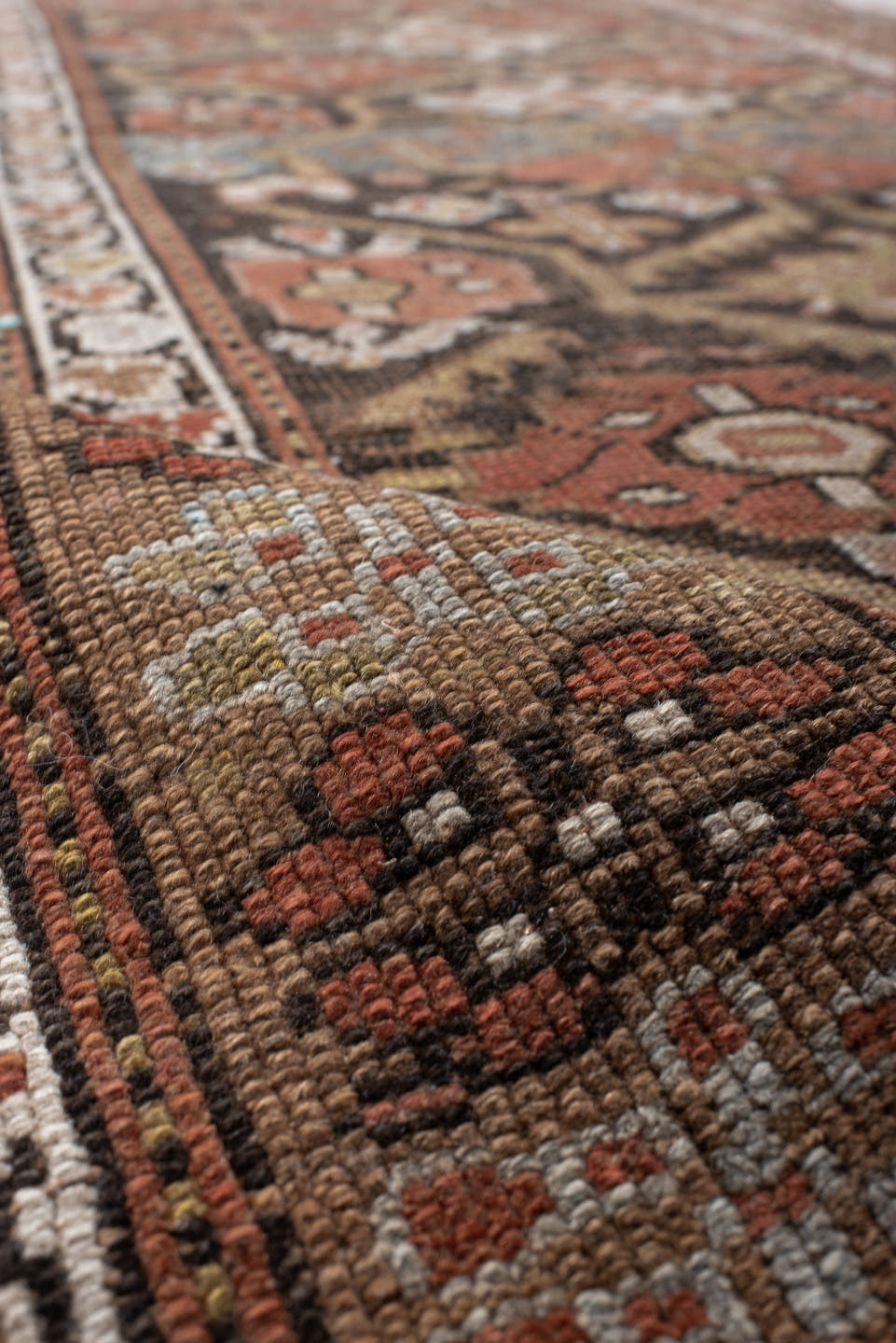 3' x 8' one-of-a-kind handmade vintage NW Persian runner rug. Color palette: brown, rust, ivory, taupe, charcoal, camel