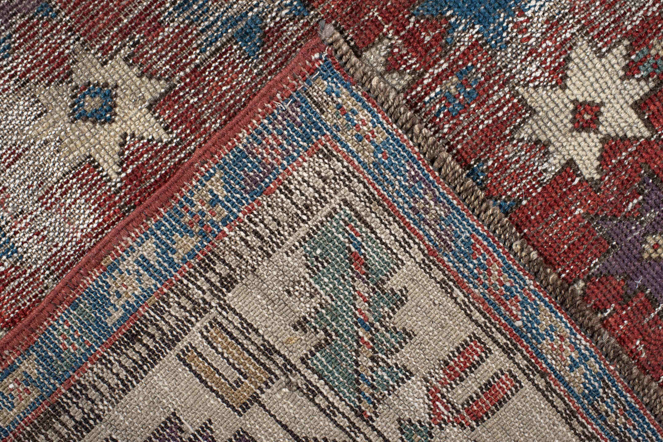 3' x 5' one-of-a-kind handmade vintage Shirvan small size rug. Color palette: rust, ivory, blue, cream, burgundy, taupe