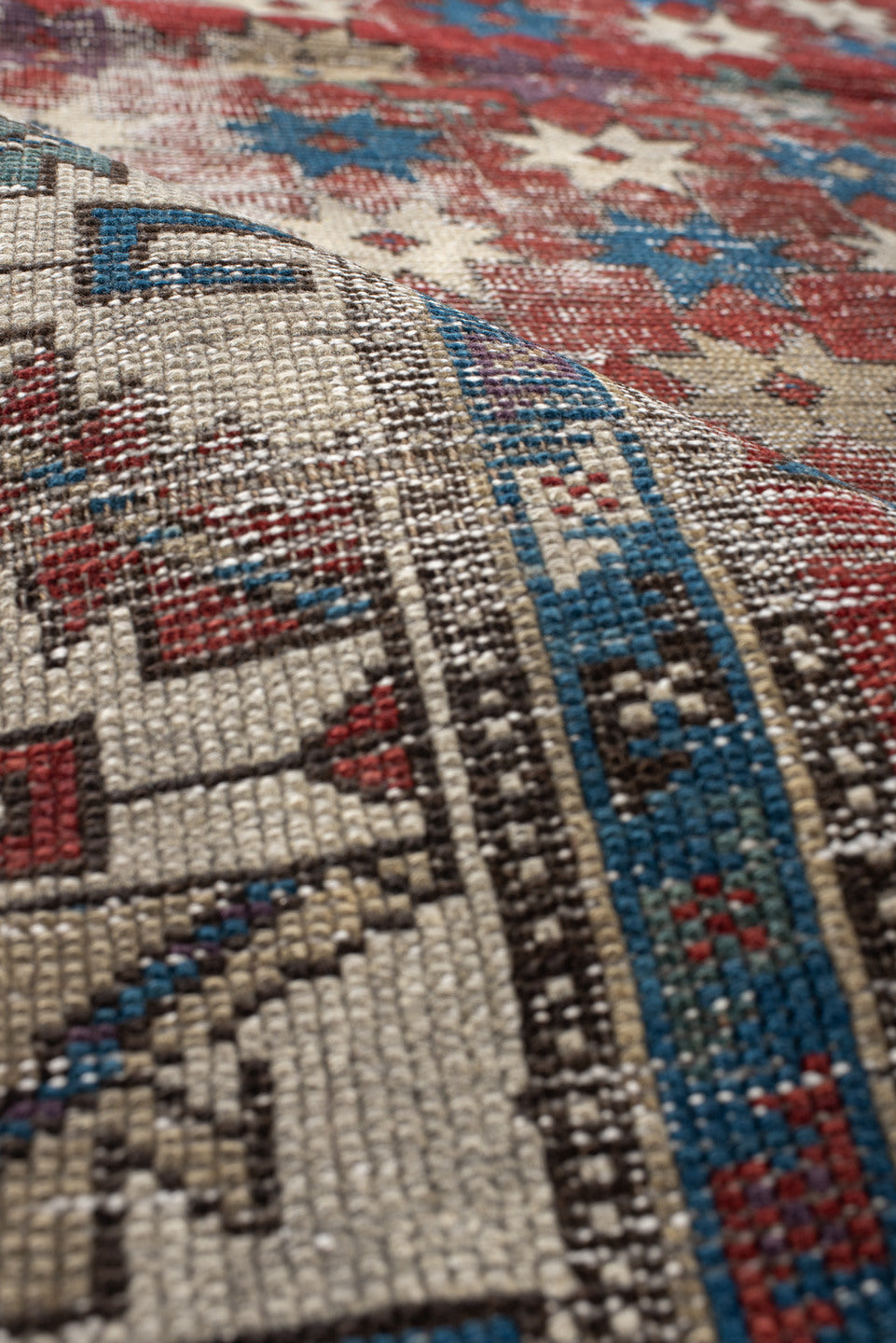 3' x 5' one-of-a-kind handmade vintage Shirvan small size rug. Color palette: rust, ivory, blue, cream, burgundy, taupe