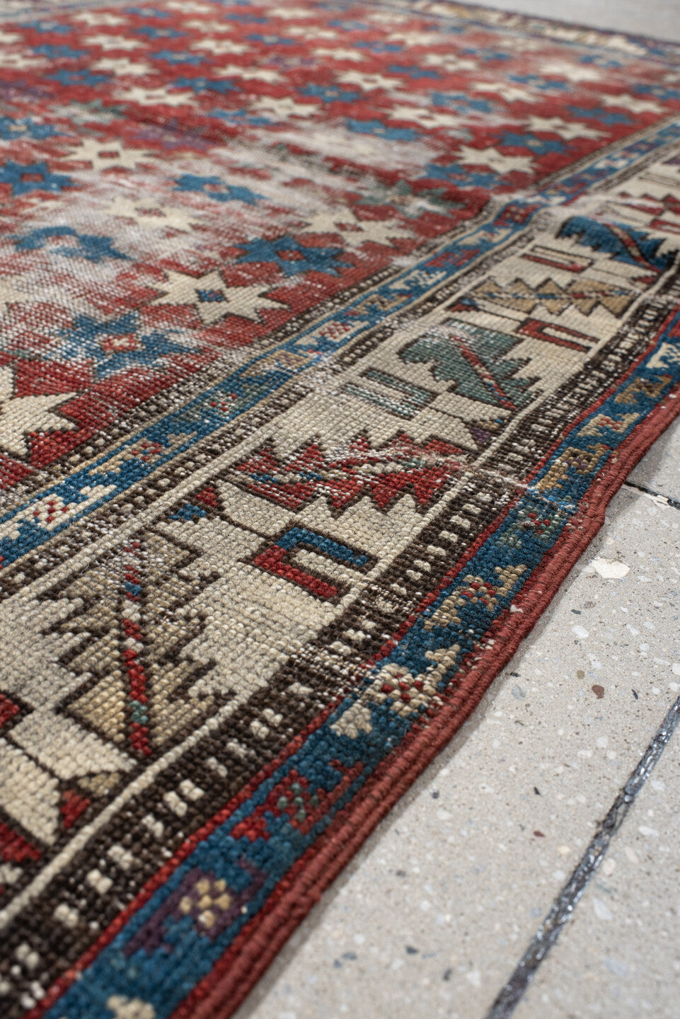 3' x 5' one-of-a-kind handmade vintage Shirvan small size rug. Color palette: rust, ivory, blue, cream, burgundy, taupe