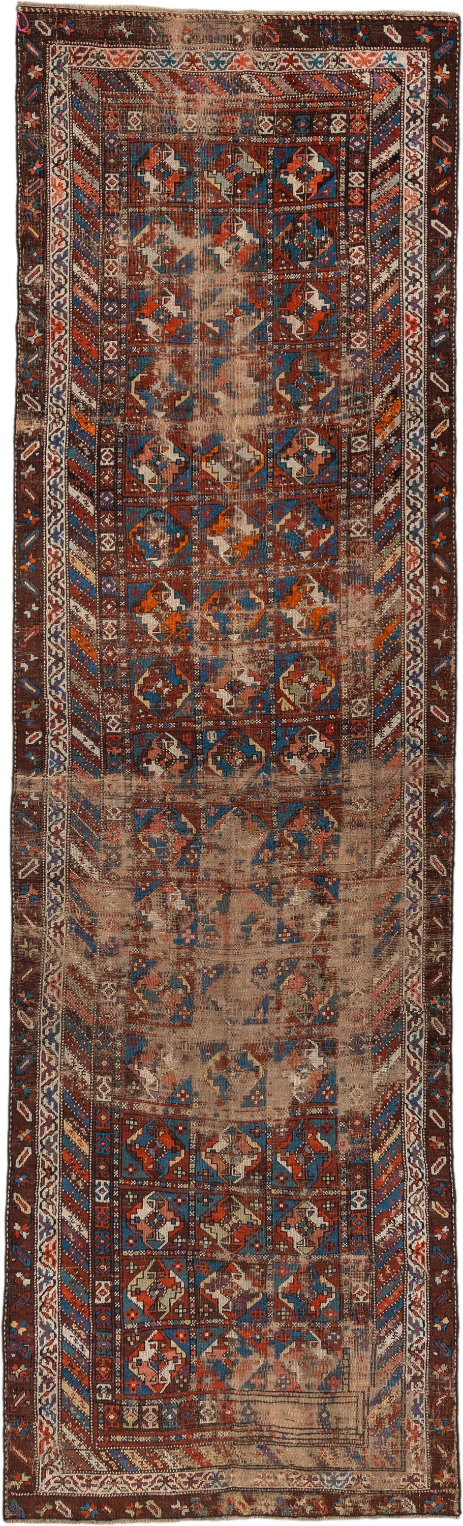 3' x 11' one-of-a-kind handmade antique Varamin runner rug. Color palette: brown, camel, indigo, rust, ivory, terra cotta