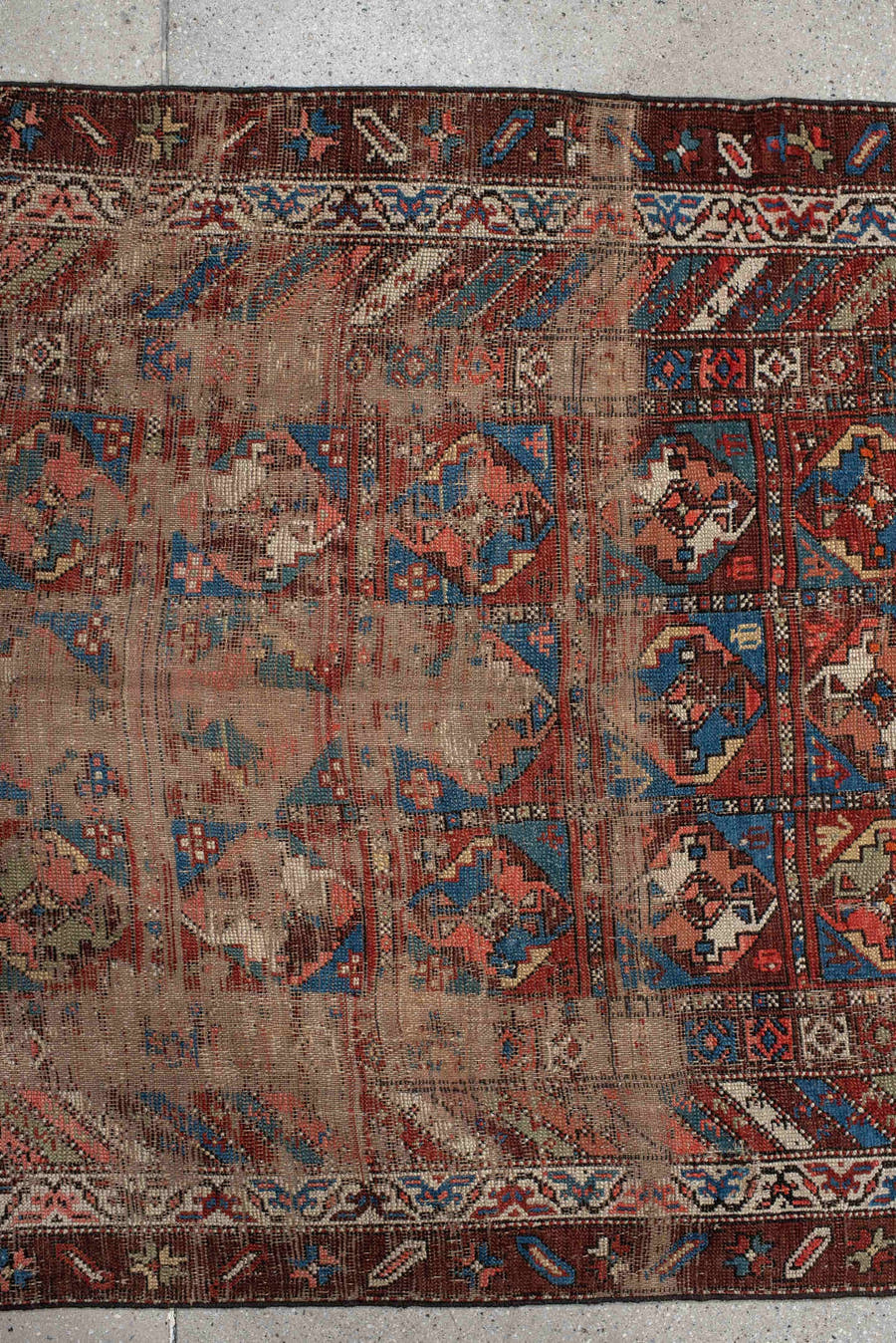 3' x 11' one-of-a-kind handmade antique Varamin runner rug. Color palette: brown, camel, indigo, rust, ivory, terra cotta