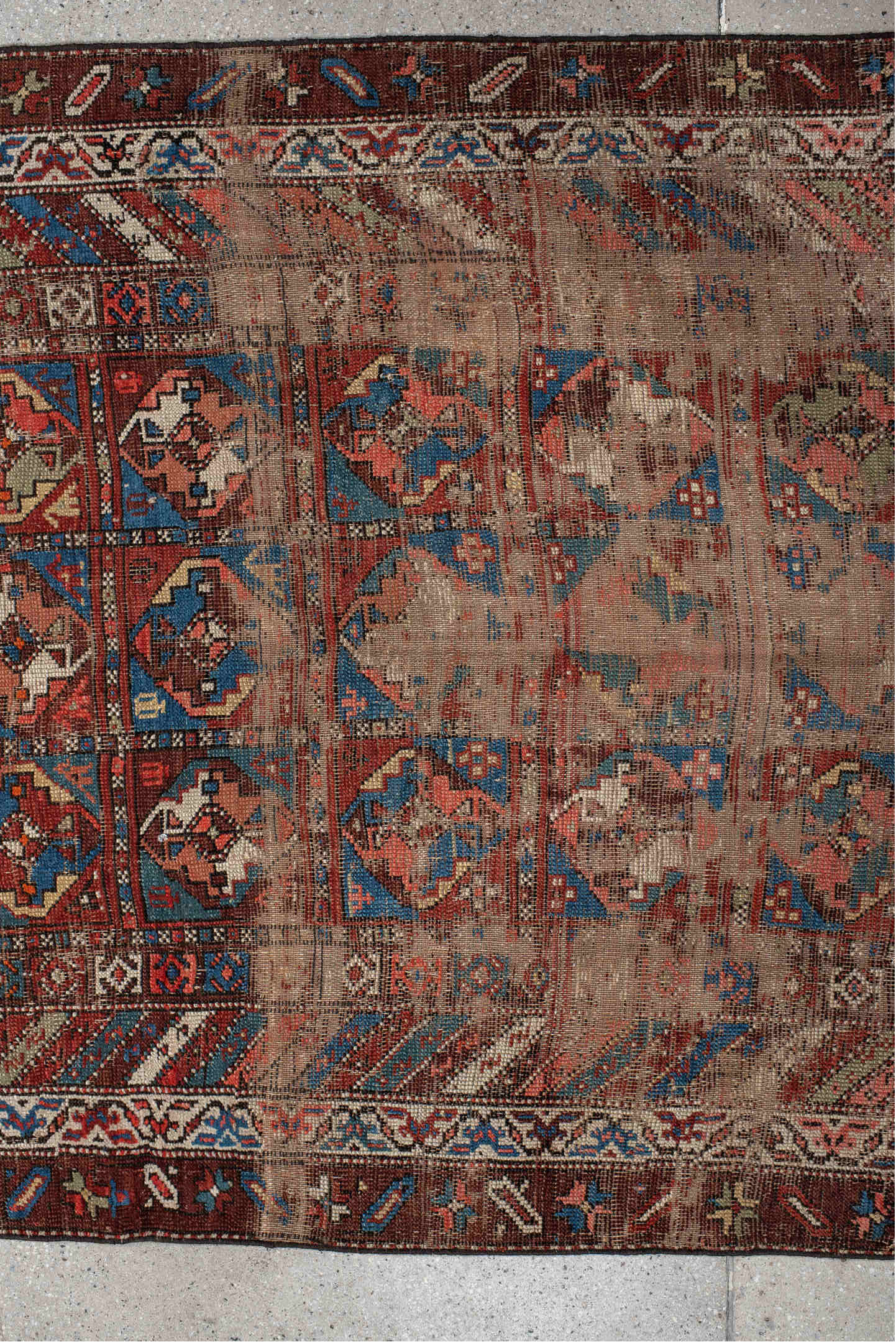 3' x 11' one-of-a-kind handmade vintage Varamin runner rug. Color palette: arapawa, blue, brown, gray, pink, red