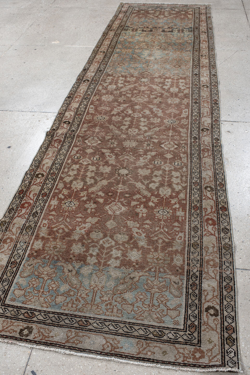3' x 11' one-of-a-kind handmade vintage Malayer runner rug. Color palette: taupe, sky blue, ivory, rose, rust, charcoal