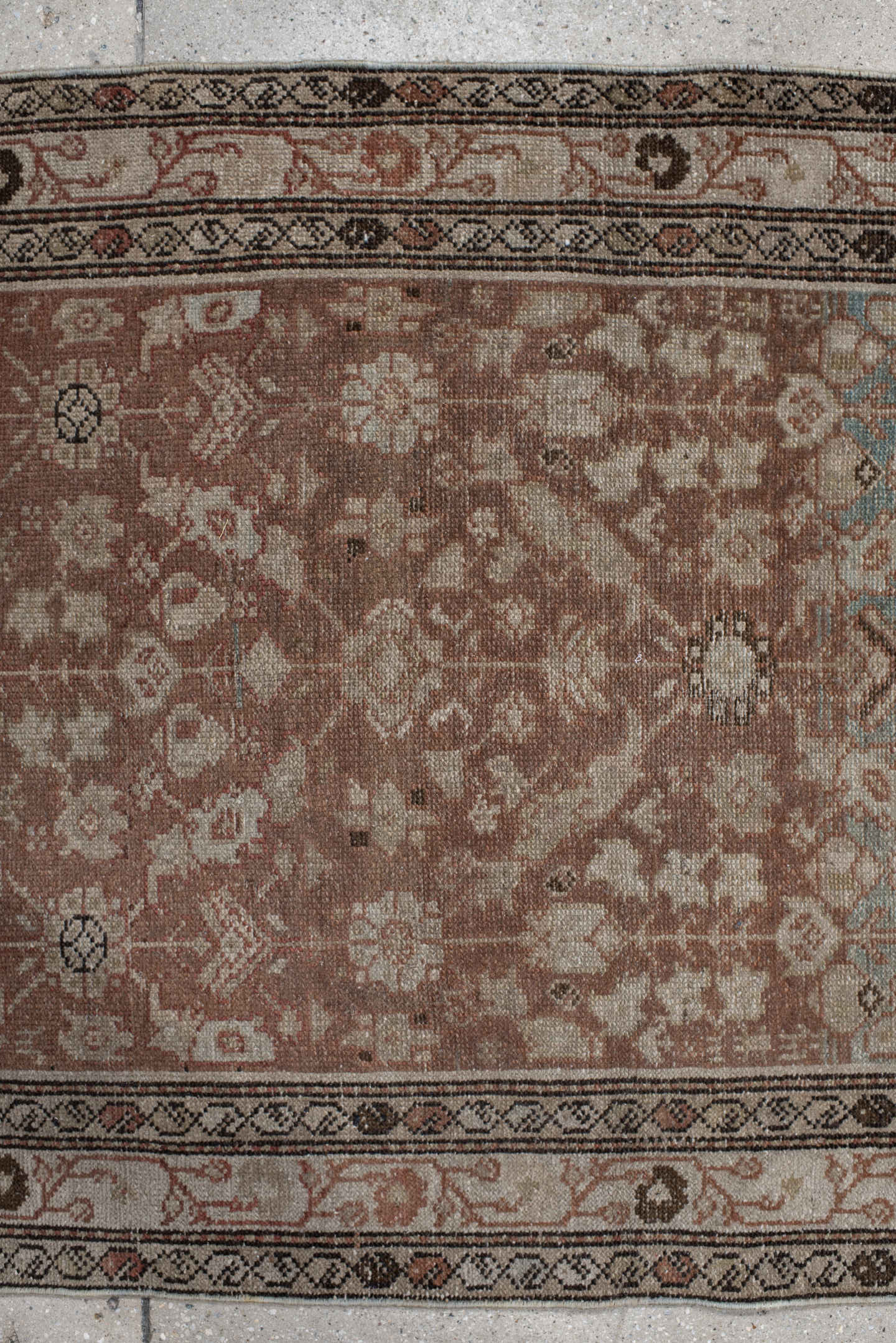 3' x 11' one-of-a-kind handmade vintage Malayer runner rug. Color palette: taupe, sky blue, ivory, rose, rust, charcoal