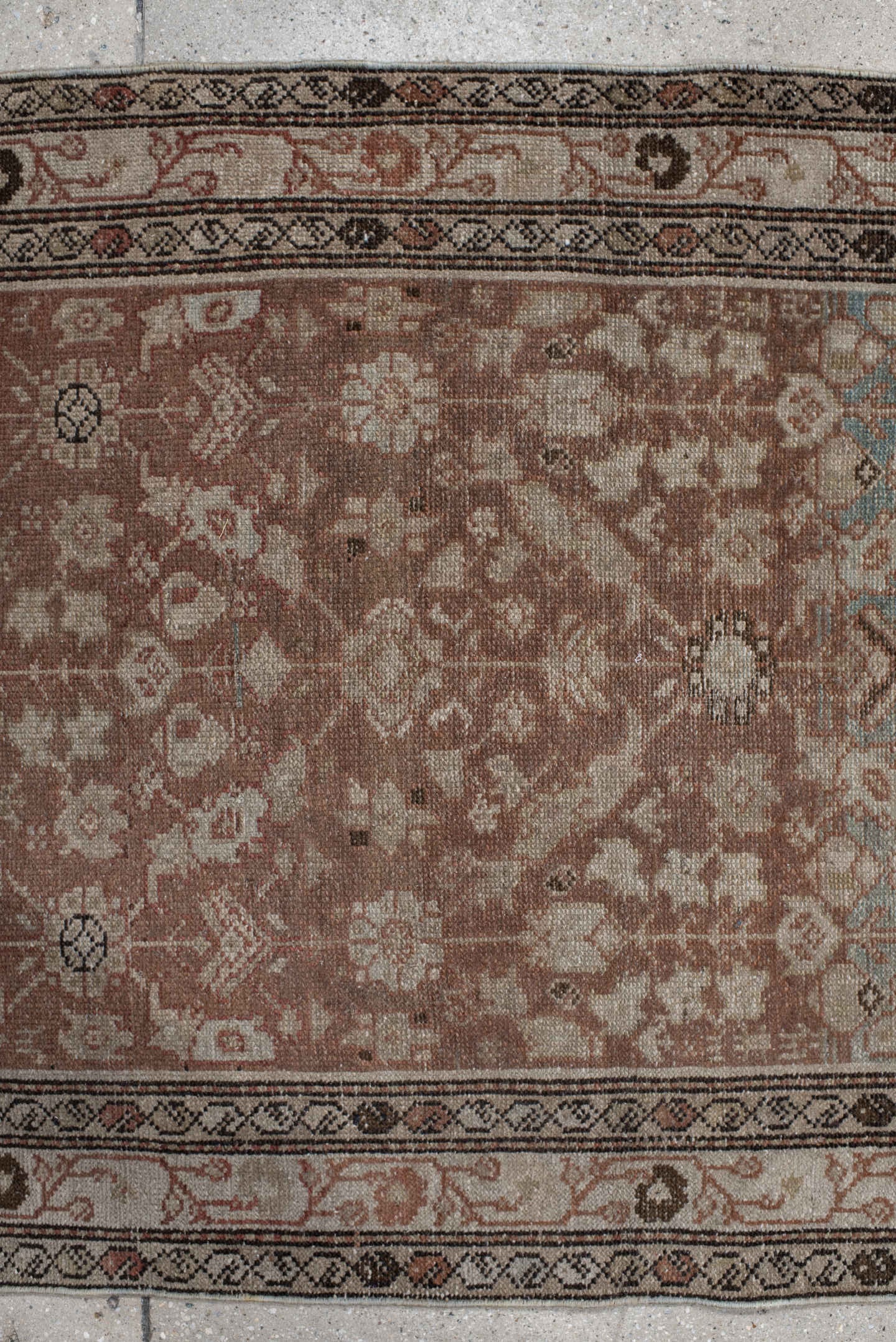 3' x 11' one-of-a-kind handmade vintage Malayer runner rug. Color palette: taupe, sky blue, ivory, rose, rust, charcoal
