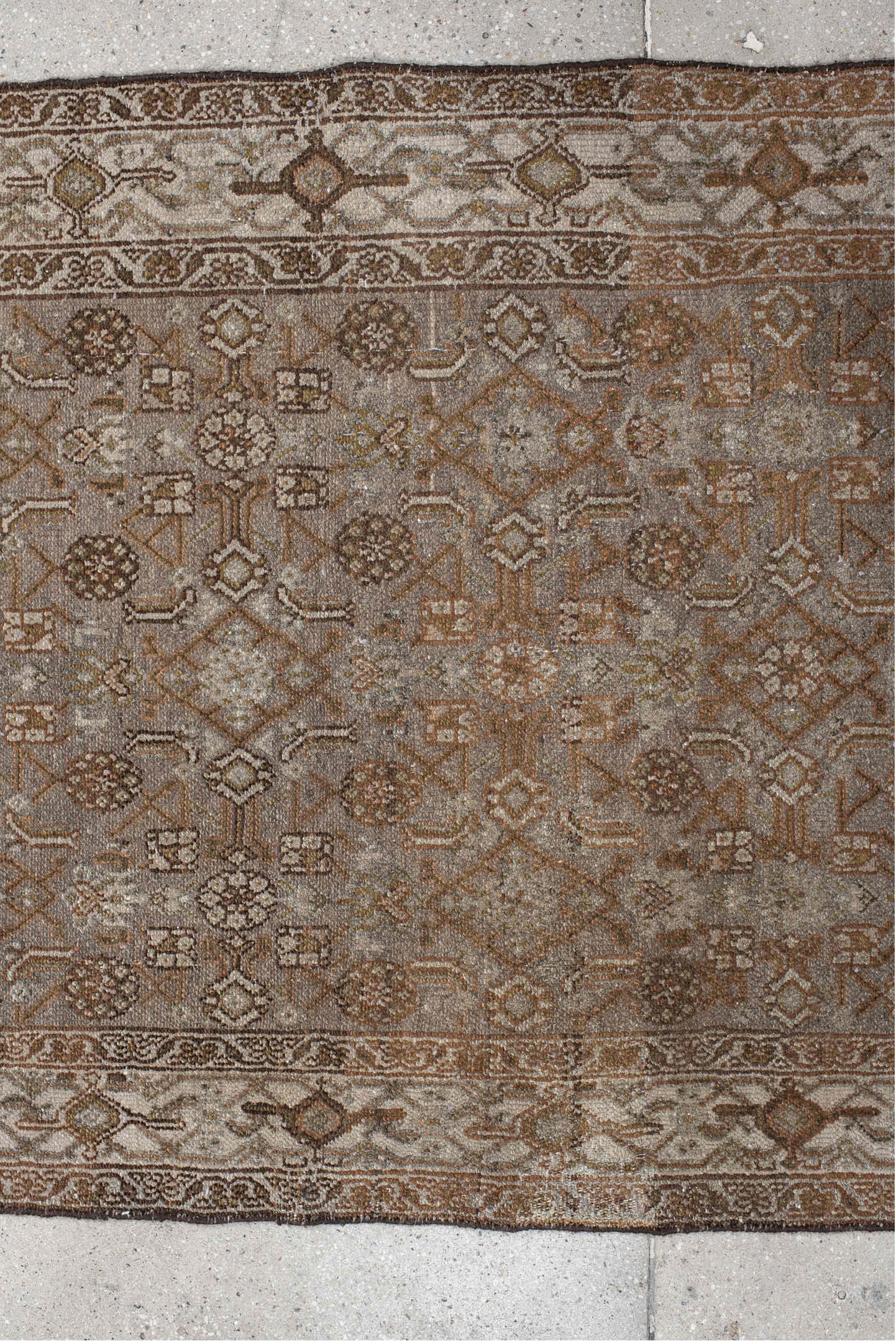 3' x 9' one-of-a-kind handmade vintage Malayer runner rug. Color palette: brown, gray, light gray