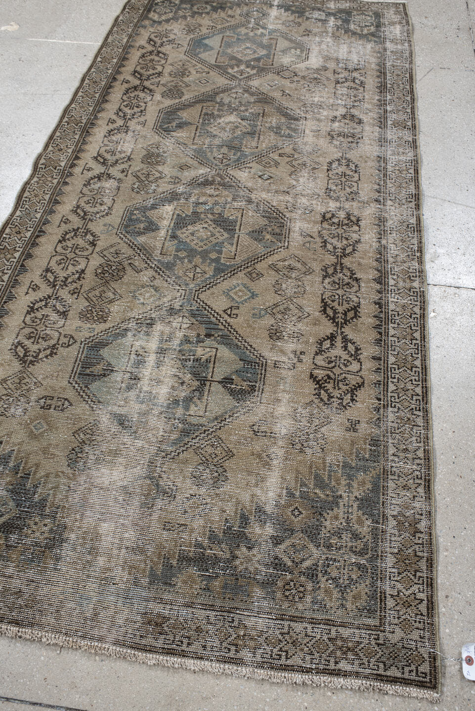 3' x 7' one-of-a-kind handmade vintage Malayer runner rug. Color palette: taupe, ivory, charcoal, slate, beige, camel, gray