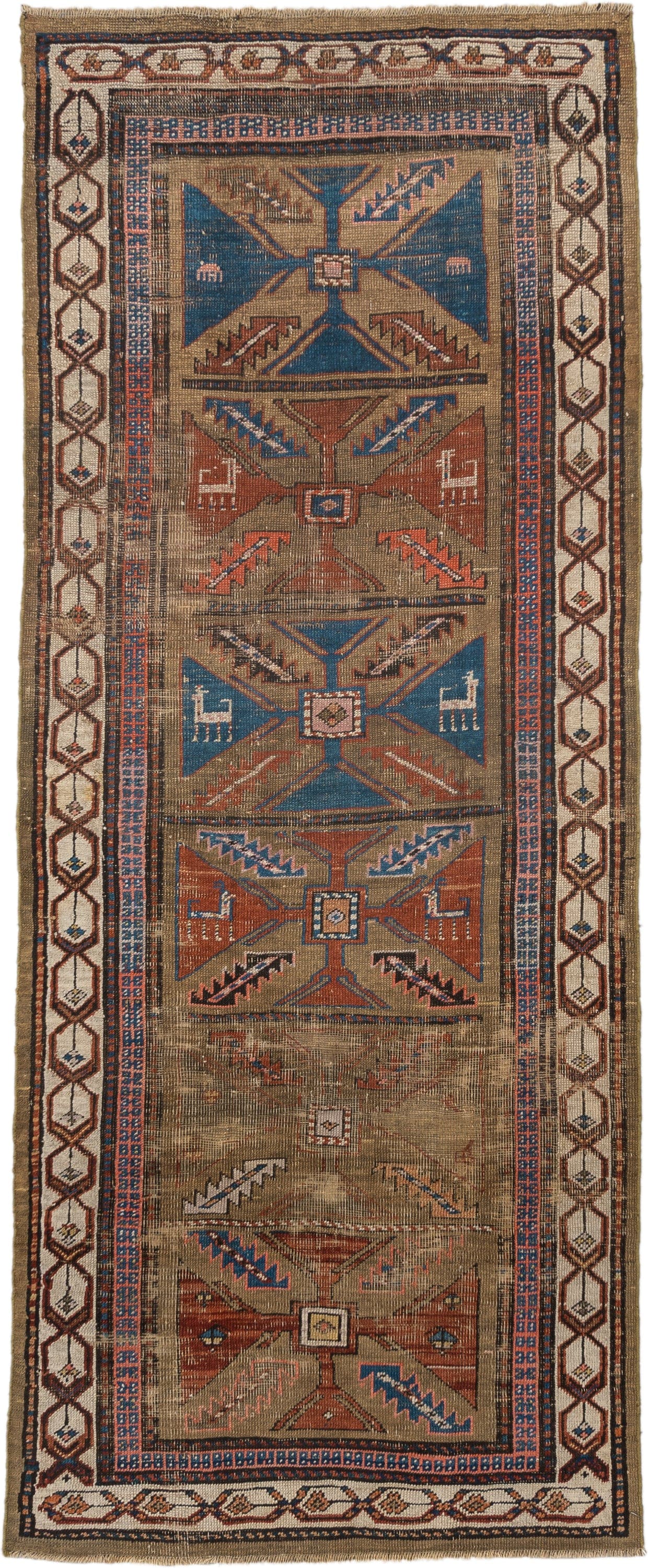 3' x 7' one-of-a-kind handmade vintage Sarab runner rug. Color palette: taupe, camel, indigo, rust, ivory, brown, terracotta