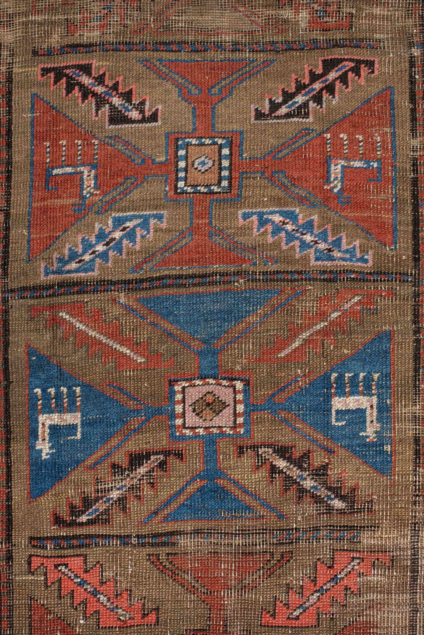 3' x 7' one-of-a-kind handmade vintage Sarab runner rug. Color palette: taupe, camel, indigo, rust, ivory, brown, terracotta