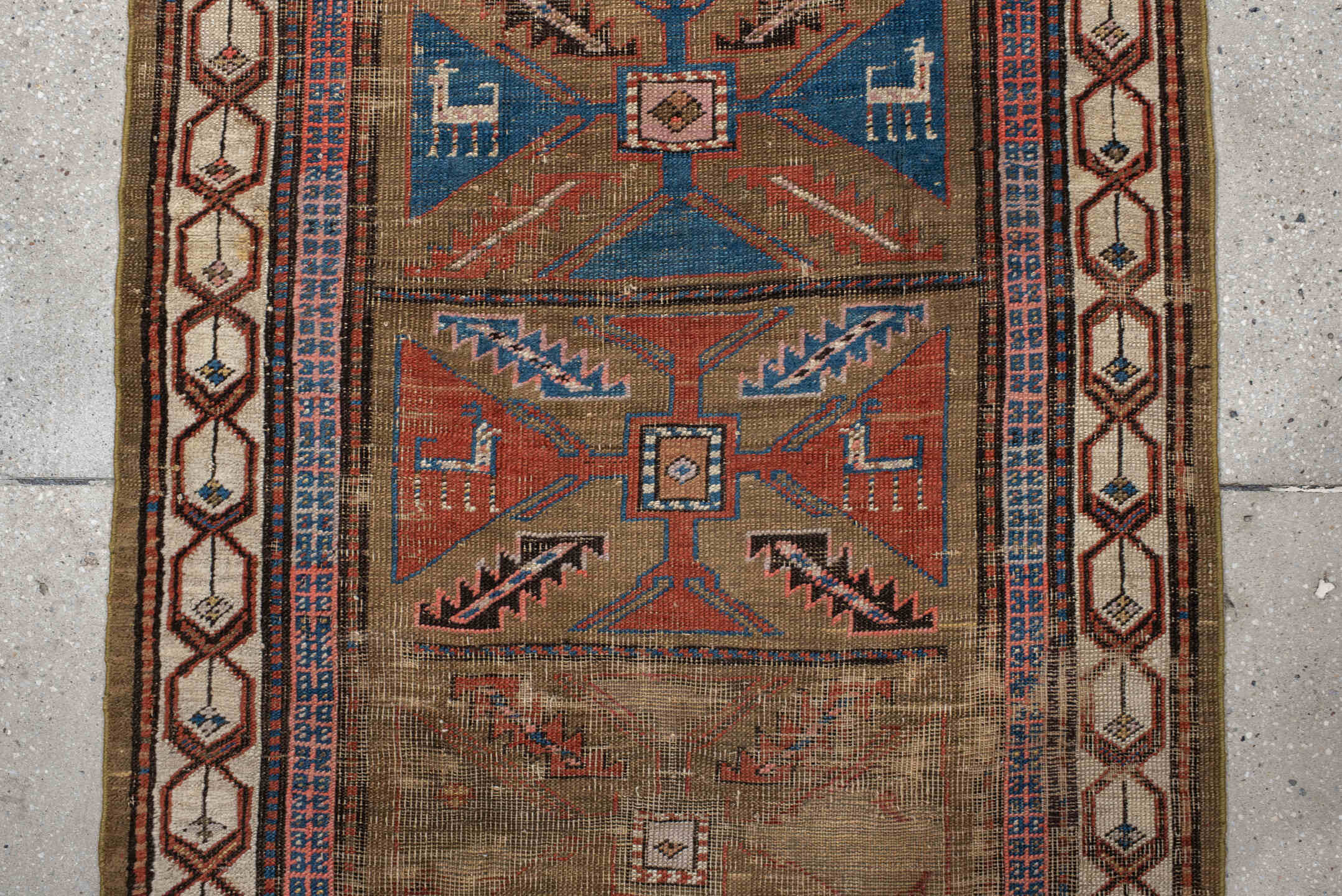 3' x 7' one-of-a-kind handmade vintage Sarab runner rug. Color palette: taupe, camel, indigo, rust, ivory, brown, terracotta