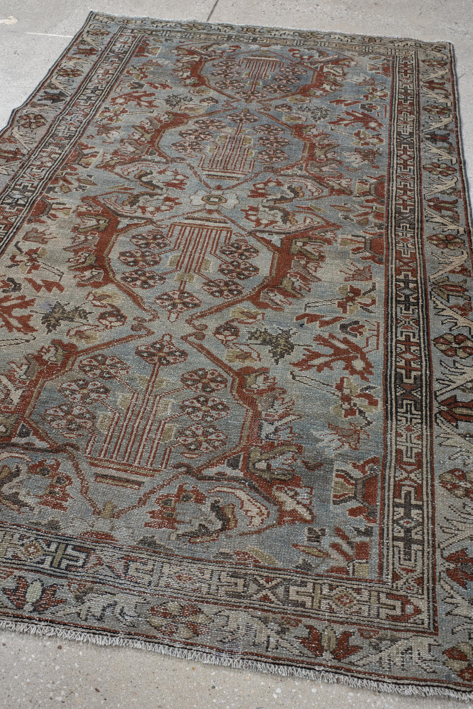 3' x 6' one-of-a-kind handmade vintage small size rug. Color palette: light blue, ivory, rust, taupe, brown, charcoal, sage