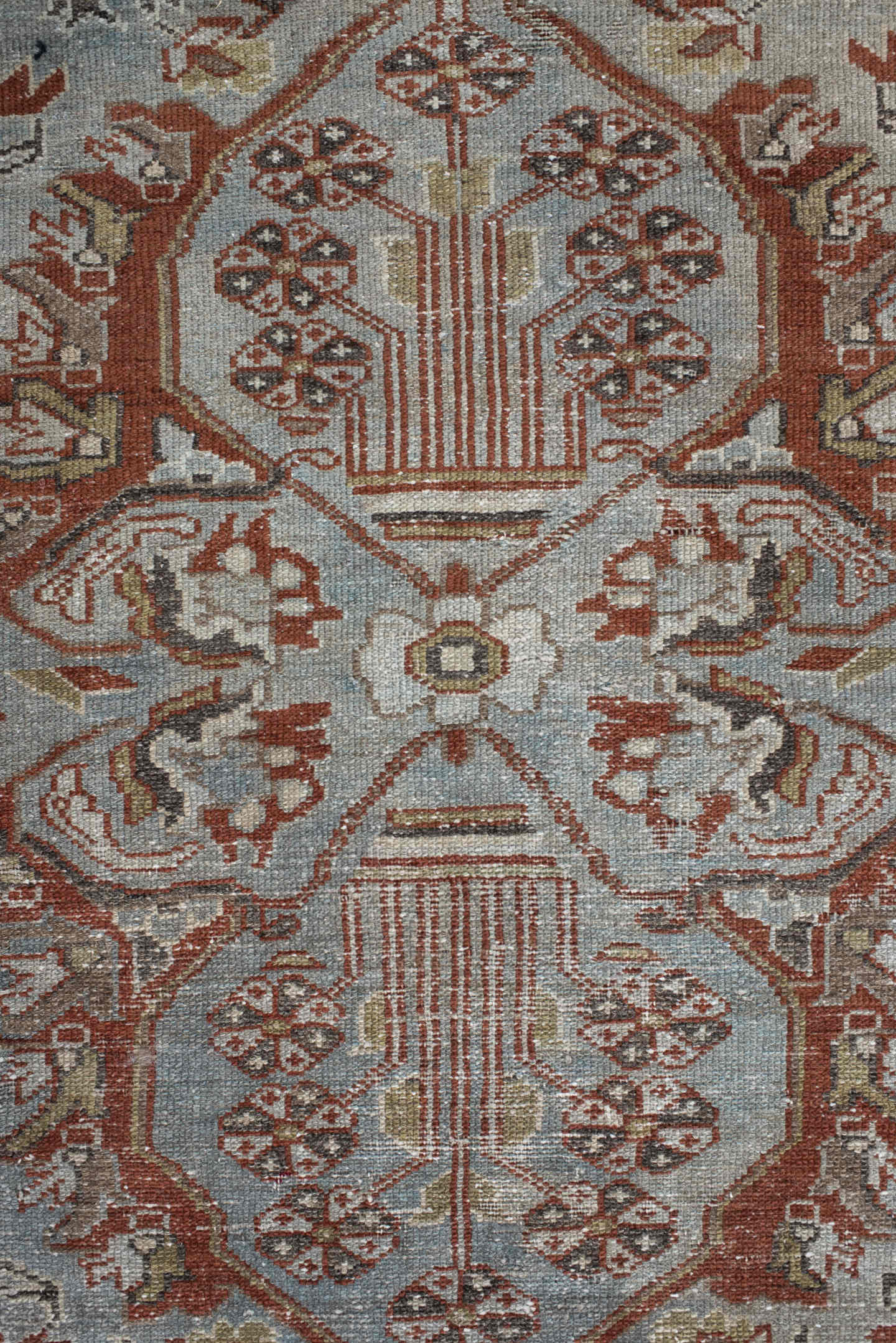 3' x 6' one-of-a-kind handmade vintage small size rug. Color palette: light blue, ivory, rust, taupe, brown, charcoal, sage