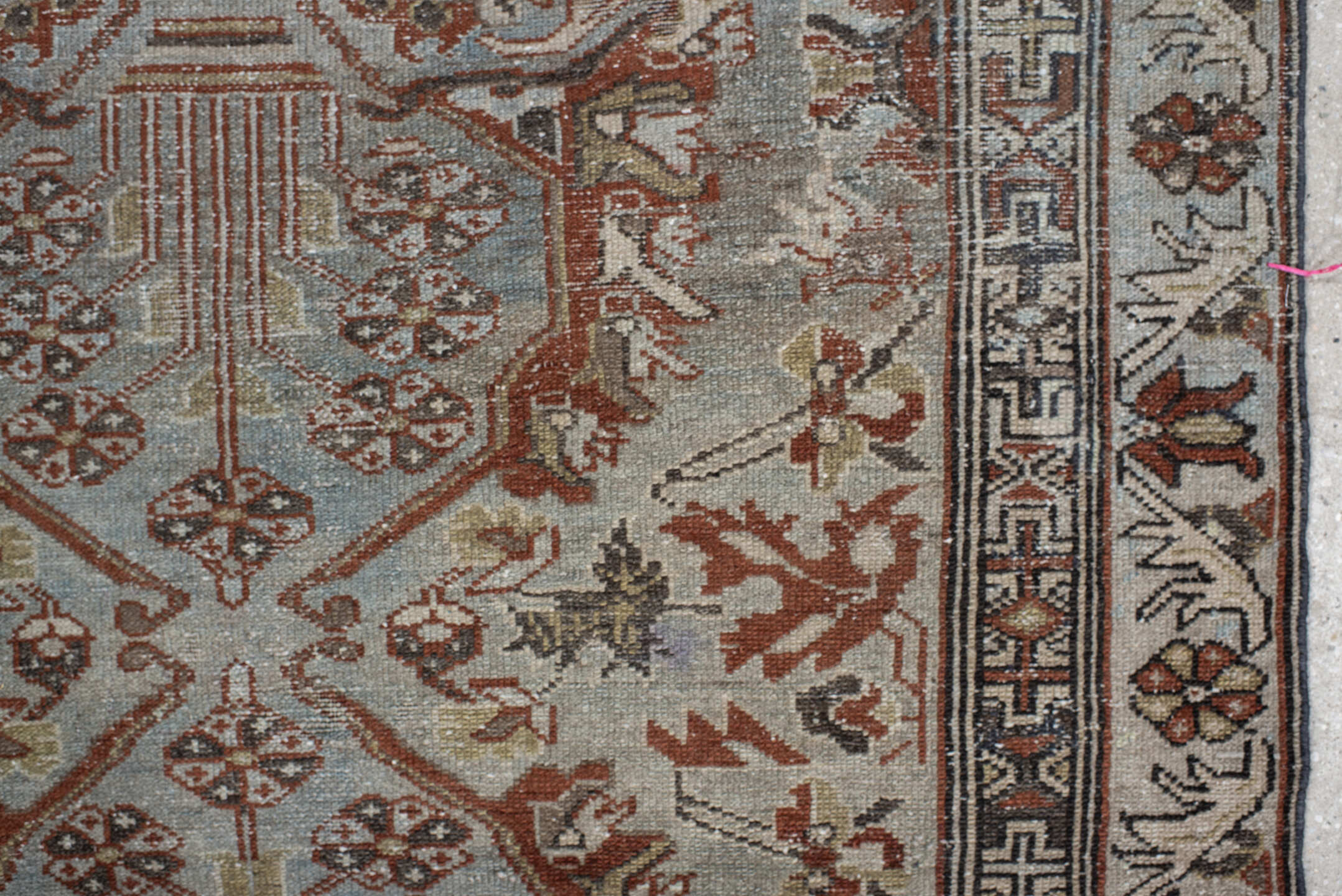 3' x 6' one-of-a-kind handmade vintage small size rug. Color palette: light blue, ivory, rust, taupe, brown, charcoal, sage