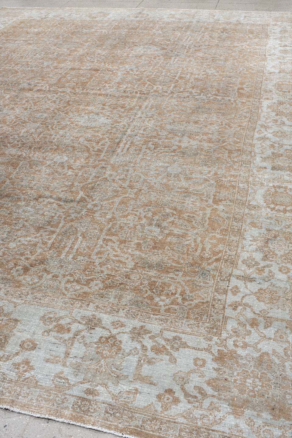 12' x 15' one-of-a-kind handmade antique Mahal oversize rug. Color palette: ivory, taupe, camel, sand, beige, light brown