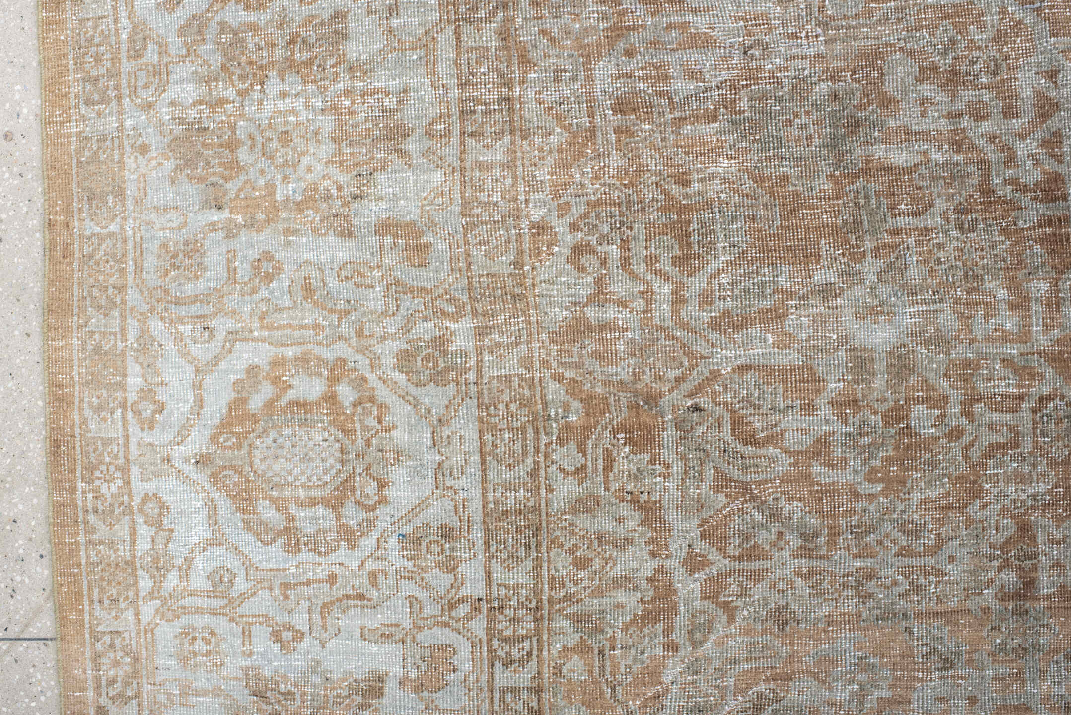 12' x 15' one-of-a-kind handmade vintage Mahal oversize rug. Color palette: brown, dark gray, gray, light gray, off-white