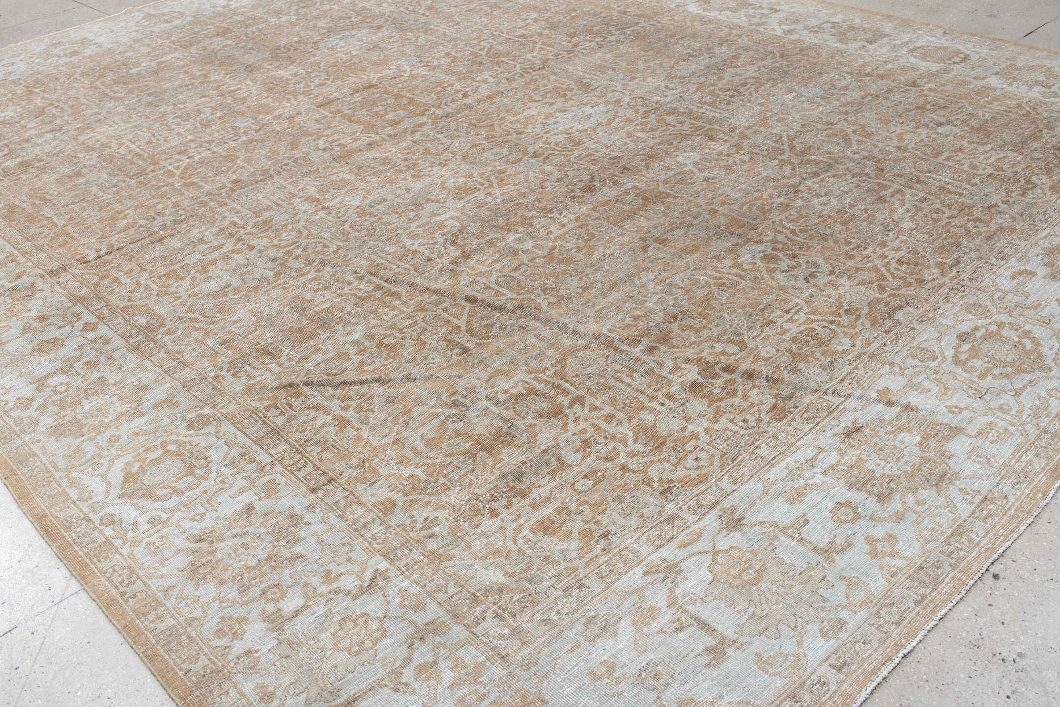 12' x 15' one-of-a-kind handmade vintage Mahal oversize rug. Color palette: brown, dark gray, gray, light gray, off-white