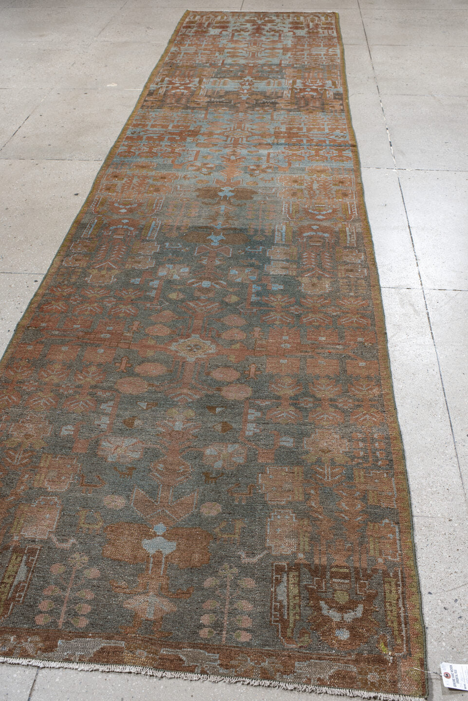 3' x 16' one-of-a-kind handmade antique Malayer runner rug. Color palette: blue, terra cotta, taupe, brown, camel, ivory