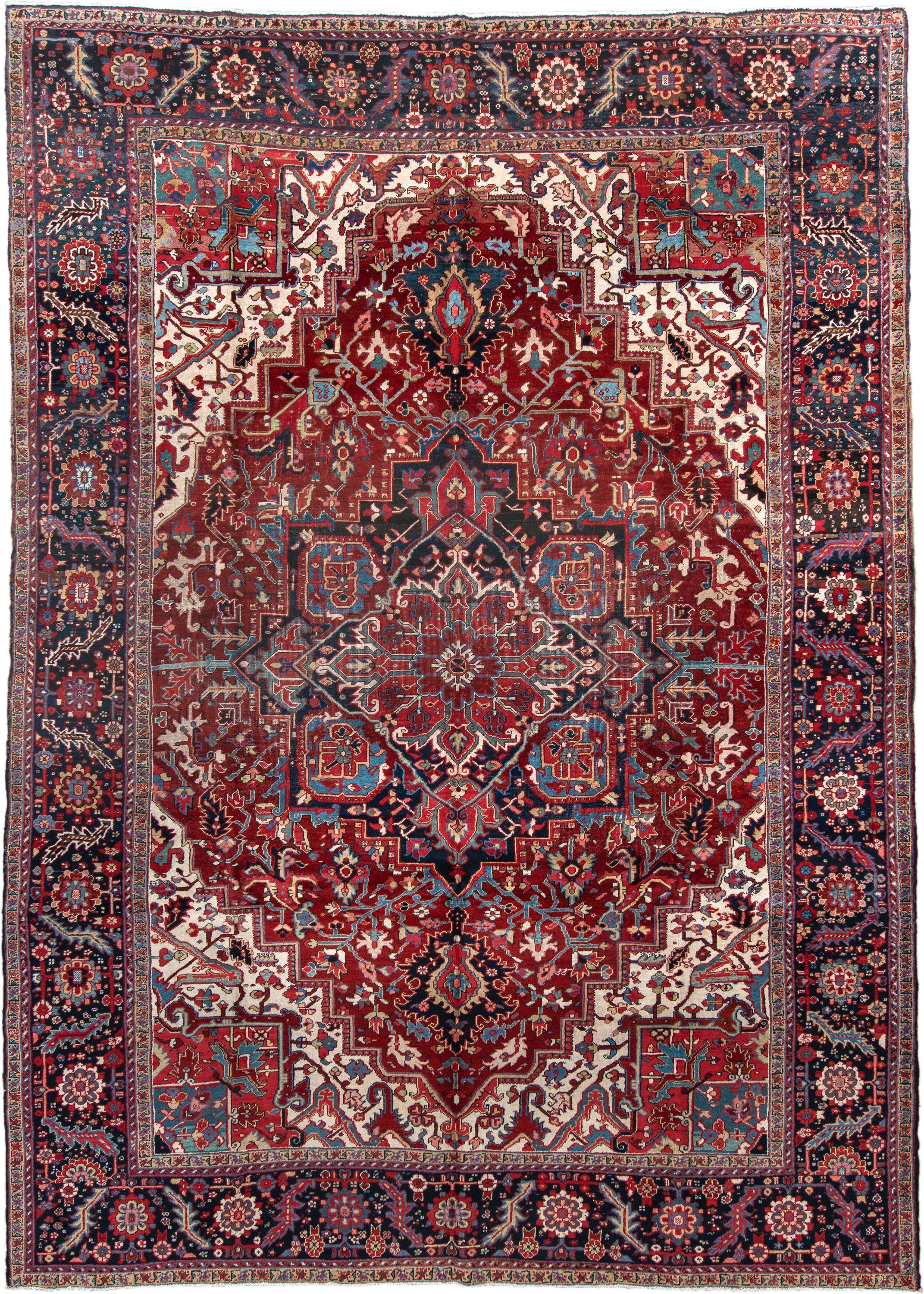 9' x 13' one-of-a-kind handmade antique Heriz large size rug. Color palette: rust, navy, ivory, sky_blue, crimson, camel