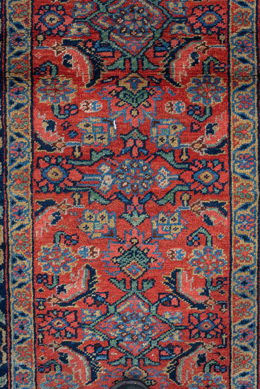3' x 18' one-of-a-kind handmade vintage Heriz runner rug. Color palette: rust, navy, ivory, sky_blue, coral, camel