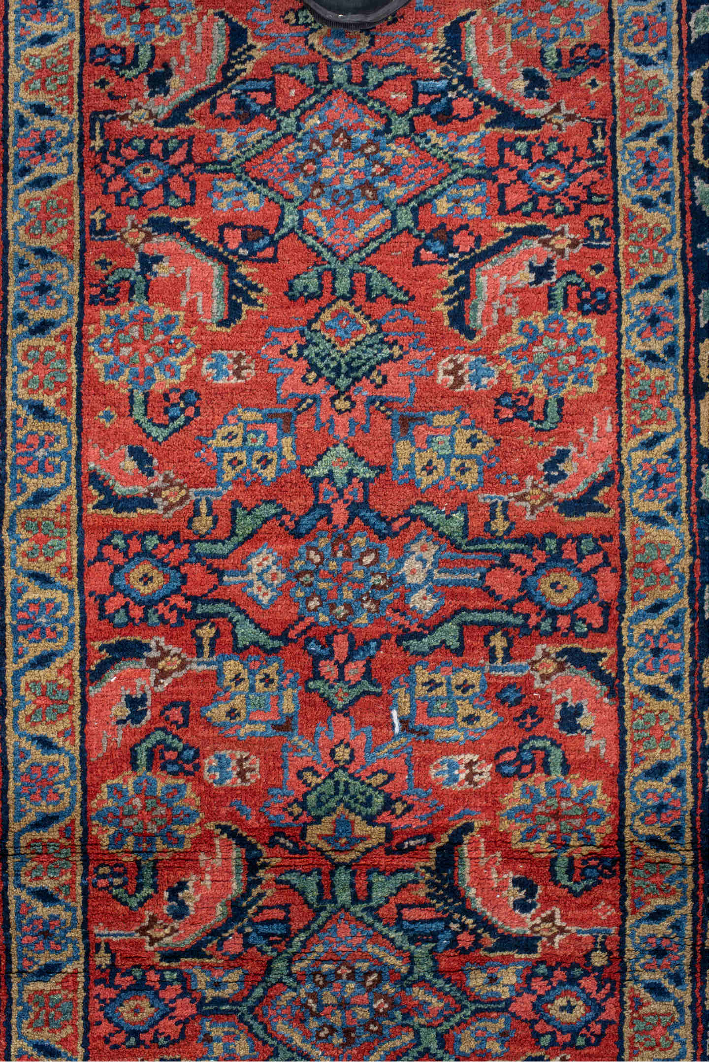 3' x 18' one-of-a-kind handmade vintage Heriz runner rug. Color palette: rust, navy, ivory, sky_blue, coral, camel