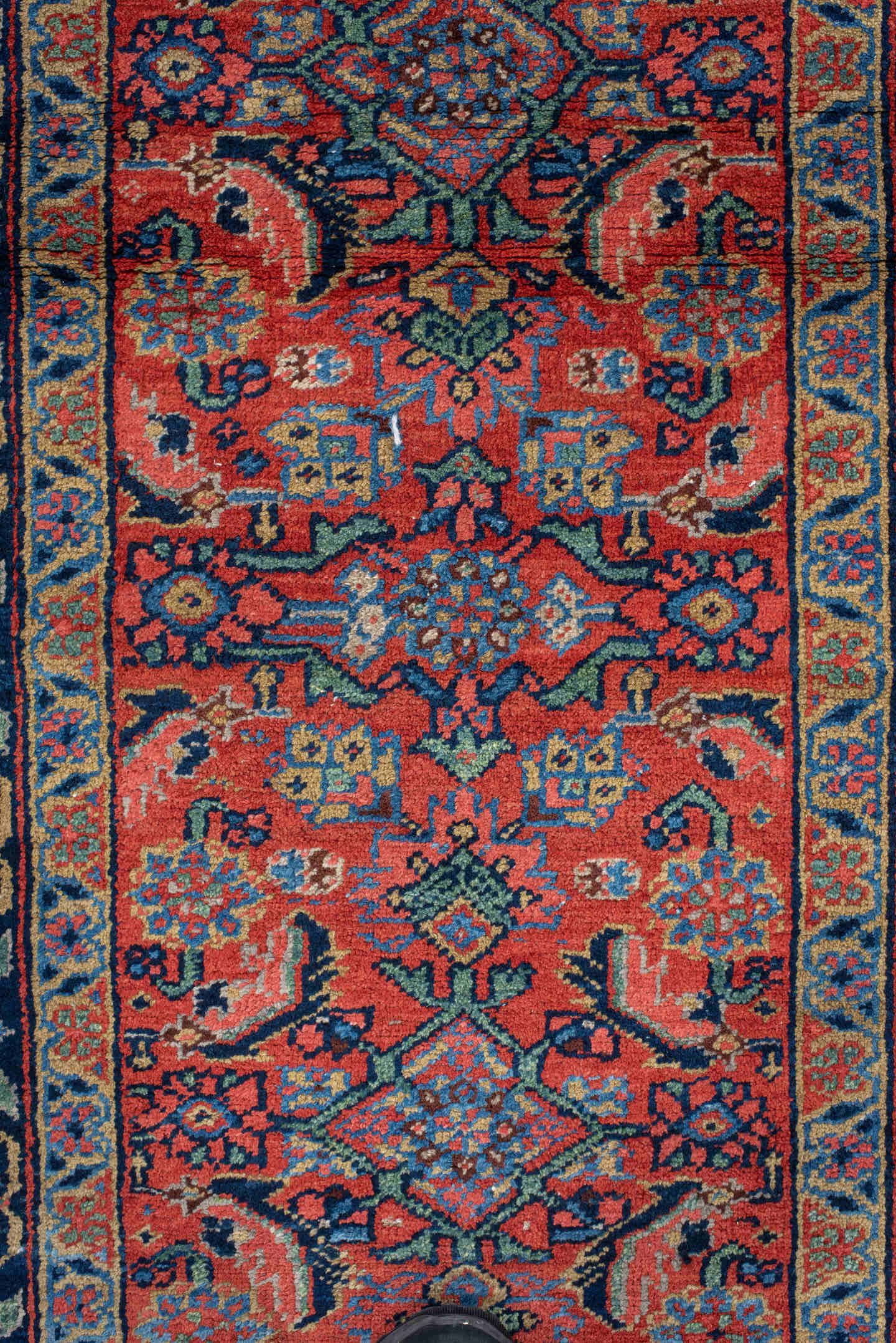 3' x 18' one-of-a-kind handmade vintage Heriz runner rug. Color palette: rust, navy, ivory, sky_blue, coral, camel